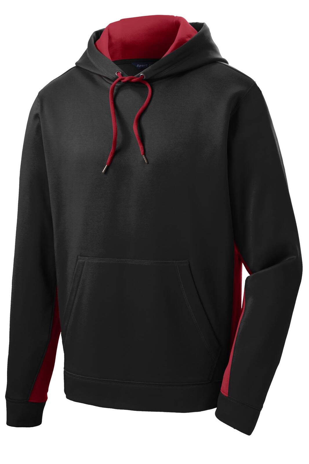 A black and red hooded pullover with a front pocket and a logo. Features colourblock design and drawstring hood.