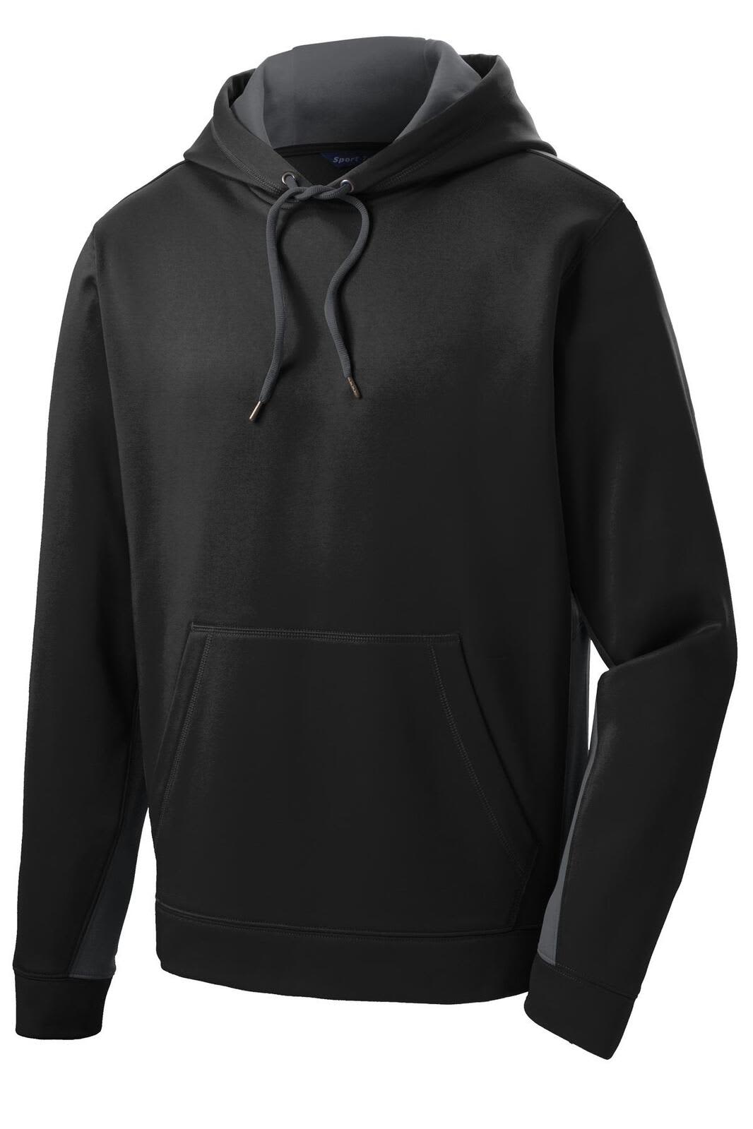 A black and grey hooded pullover with a front pocket and a logo. Features a colourblock design and drawstring hood.
