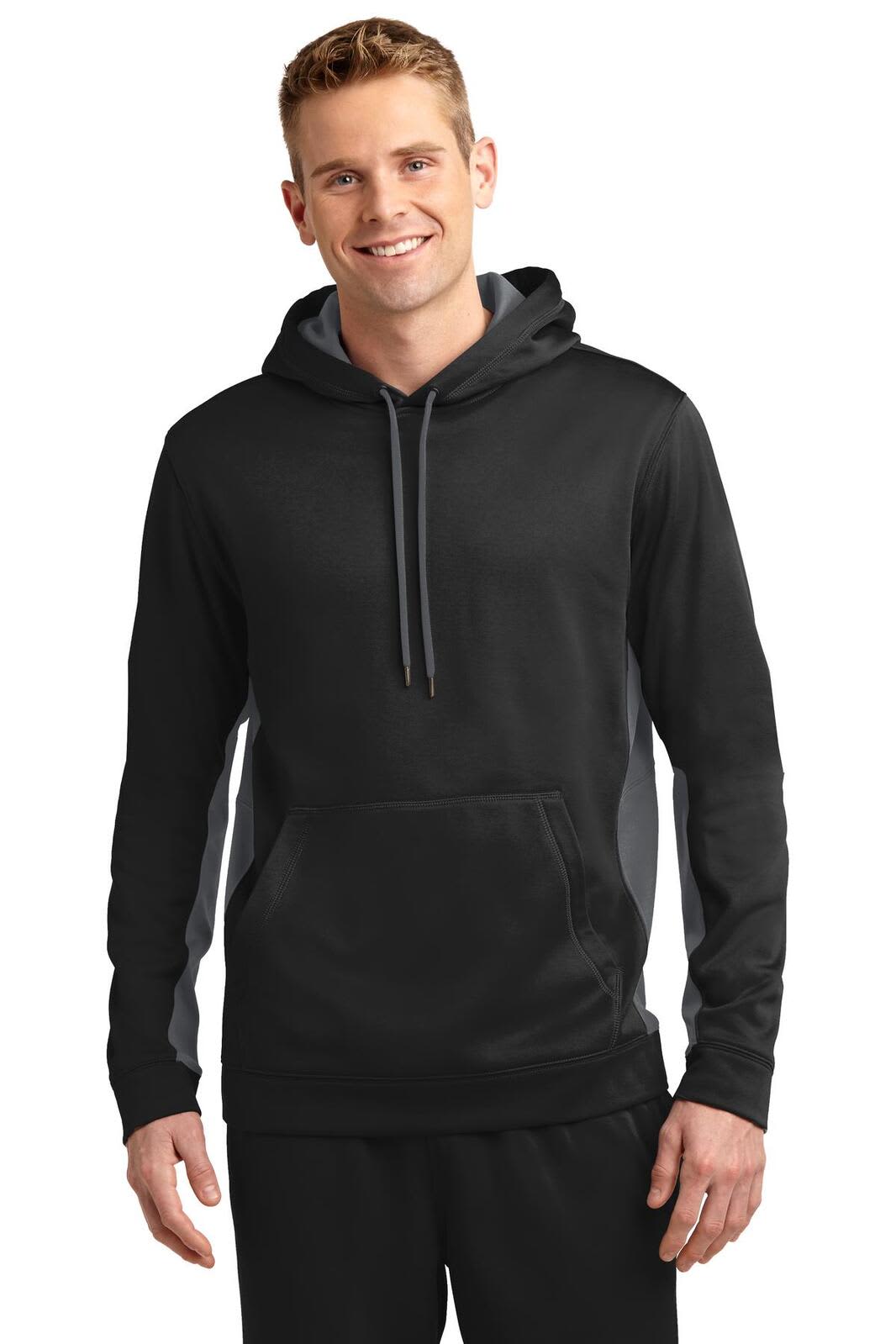 A black and grey hooded pullover with a front pocket and a logo. Suitable for casual wear or sports activities.