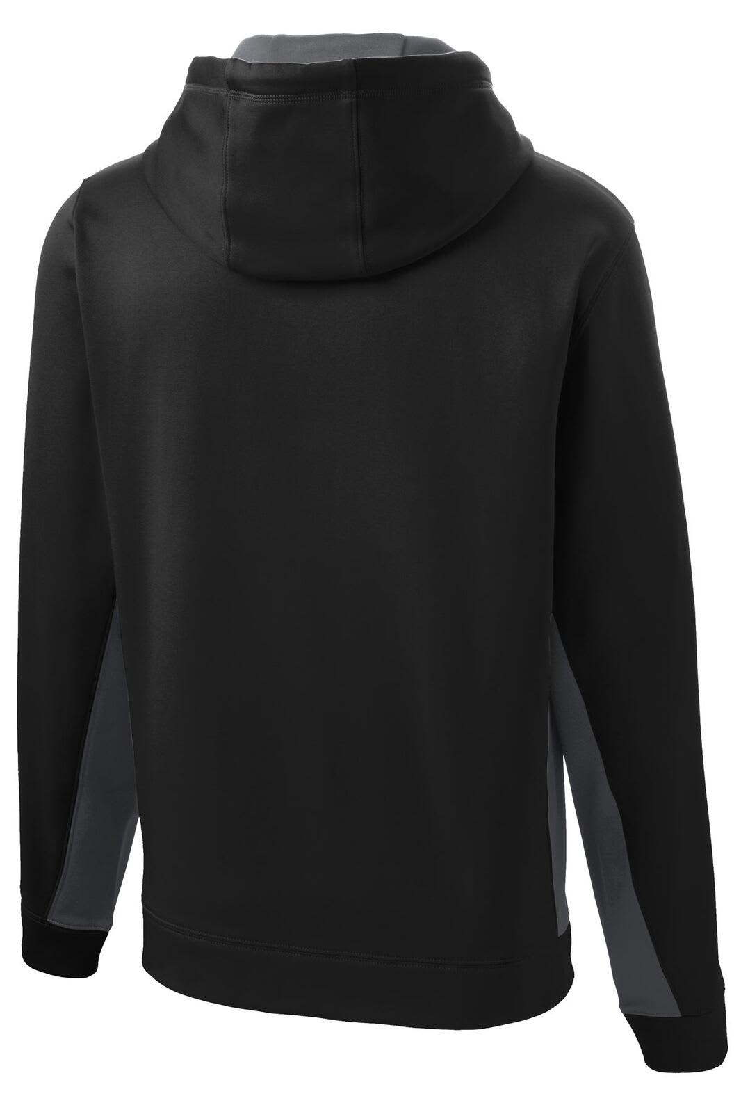 A black hooded pullover featuring colourblock accents on the sides and a logo on the back.