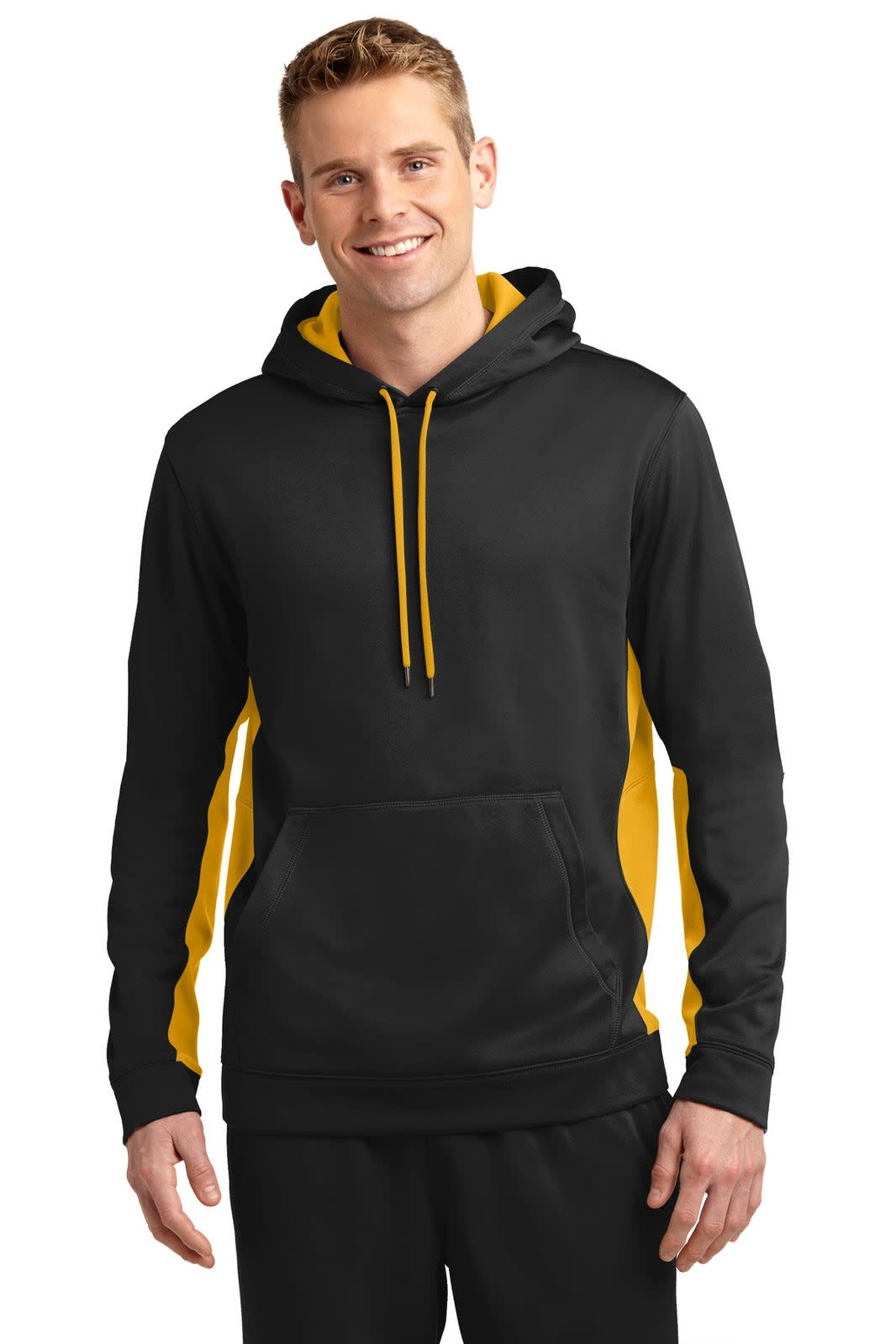 A black and yellow hooded pullover featuring a front pocket and a logo. Suitable for casual wear.