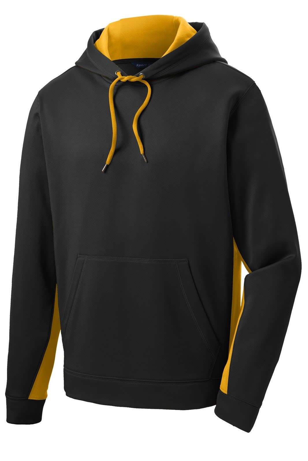 A black and yellow Sport-Tek Sport-Wick fleece colourblock hooded pullover with a front pocket and a logo.