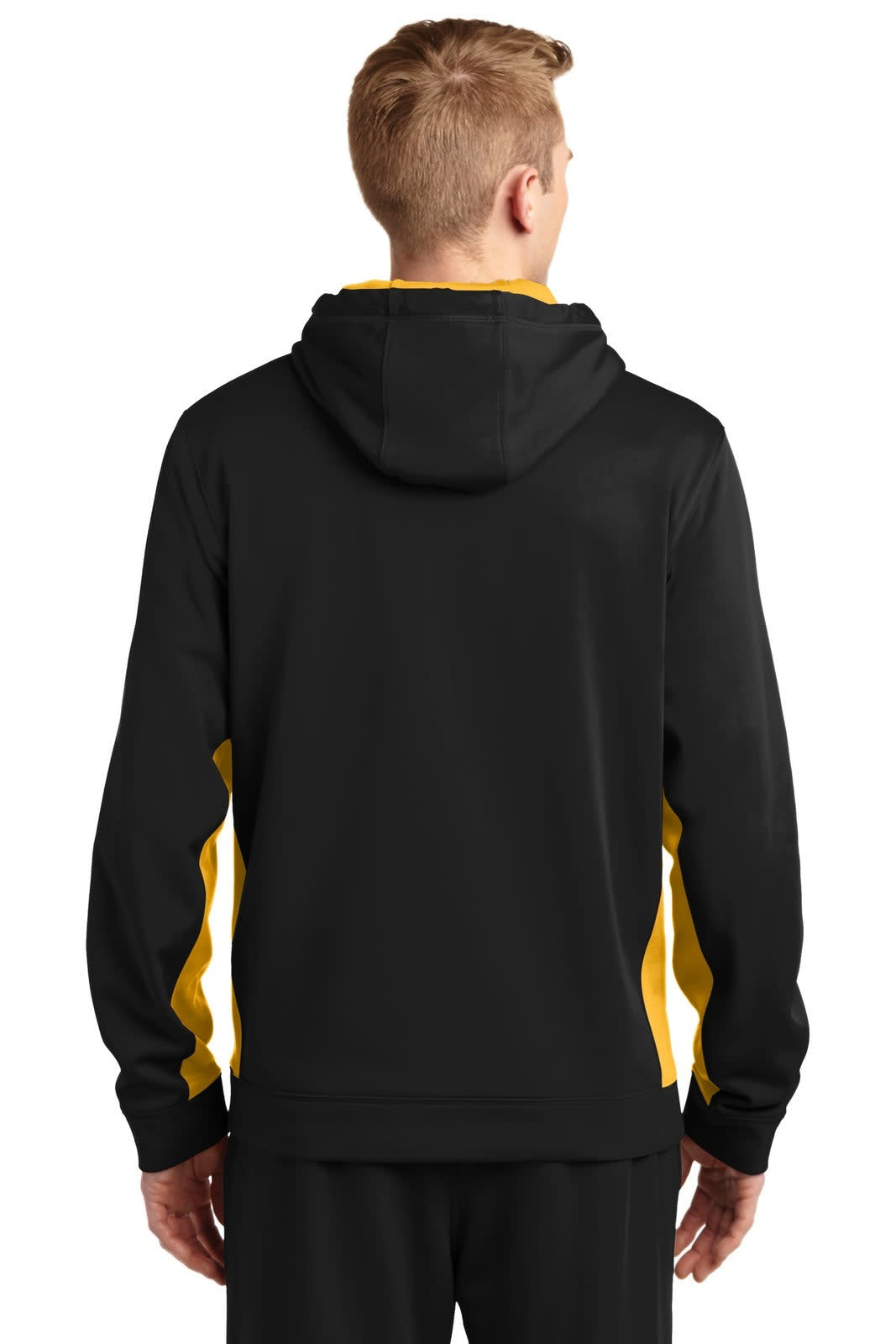 A black hooded pullover with yellow colourblock detailing and a logo on the back.