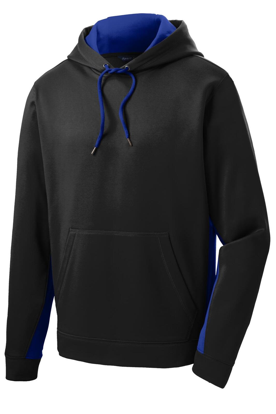 A black and blue Sport-Tek Sport-Wick Fleece Colorblock Hooded Pullover with a front pocket and hoodie.