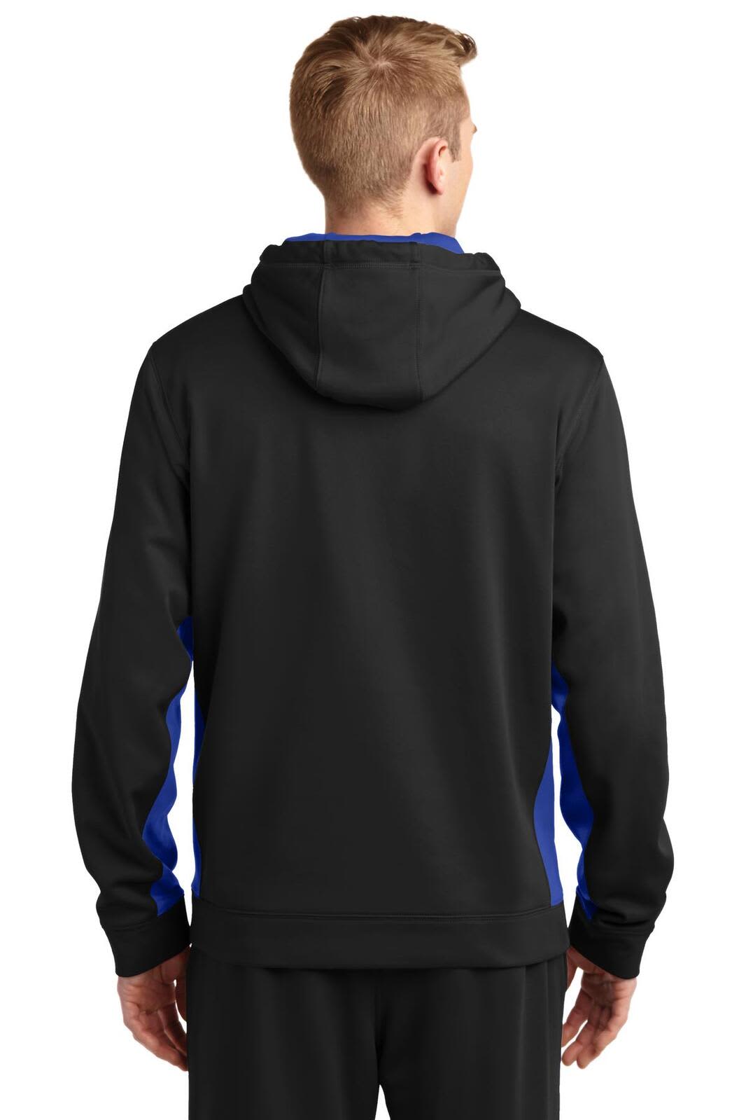 A black and blue hooded pullover with a colourblock design and a logo on the back.