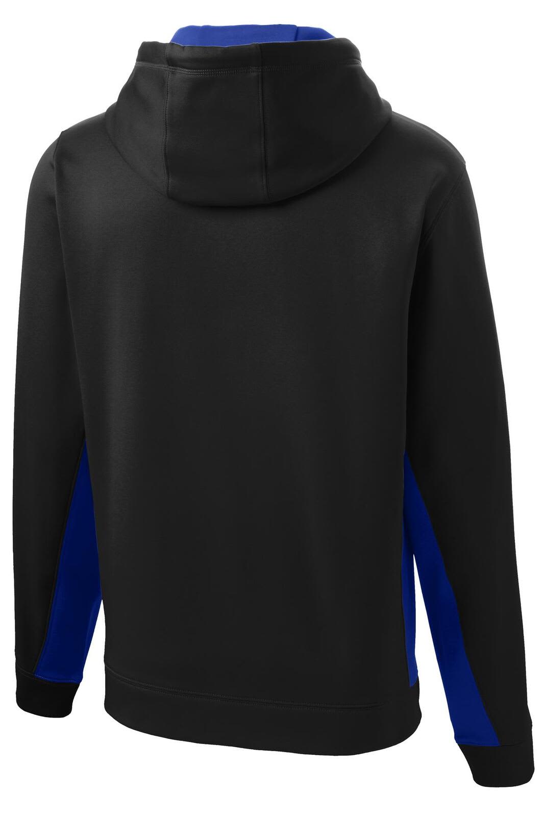 A black and blue hooded pullover with a fleecy texture and a logo on the back.