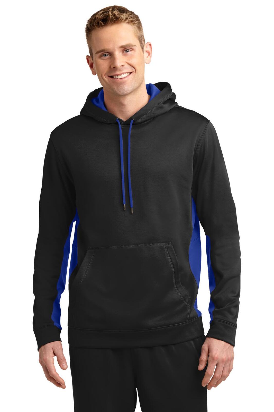 A man wearing a black and blue Sport-Tek Sport-Wick fleece hooded pullover with a front pocket and drawstring hood.