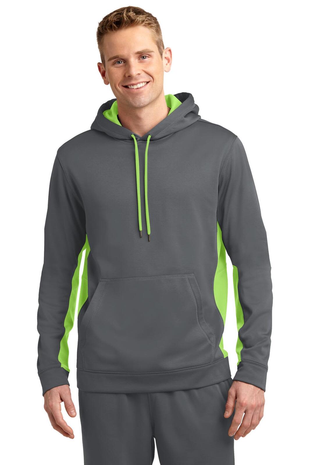 A grey hooded pullover featuring bright green accents and a front pocket, with a logo present.