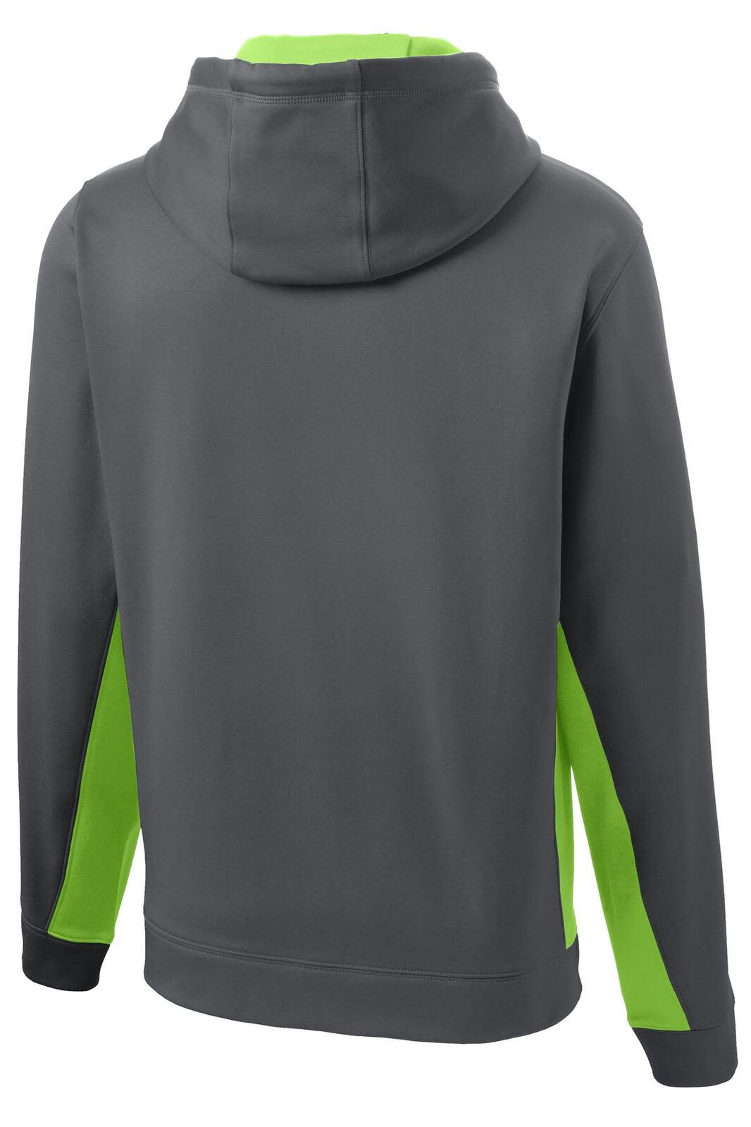 A hooded pullover featuring a grey body and lime green accents, with a hood and long sleeves. It has a logo.
