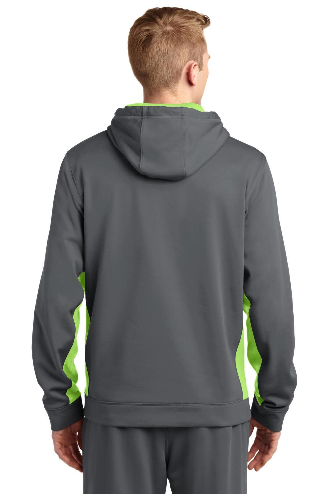 A hooded pullover in grey with vibrant green accents, featuring a logo on the back.