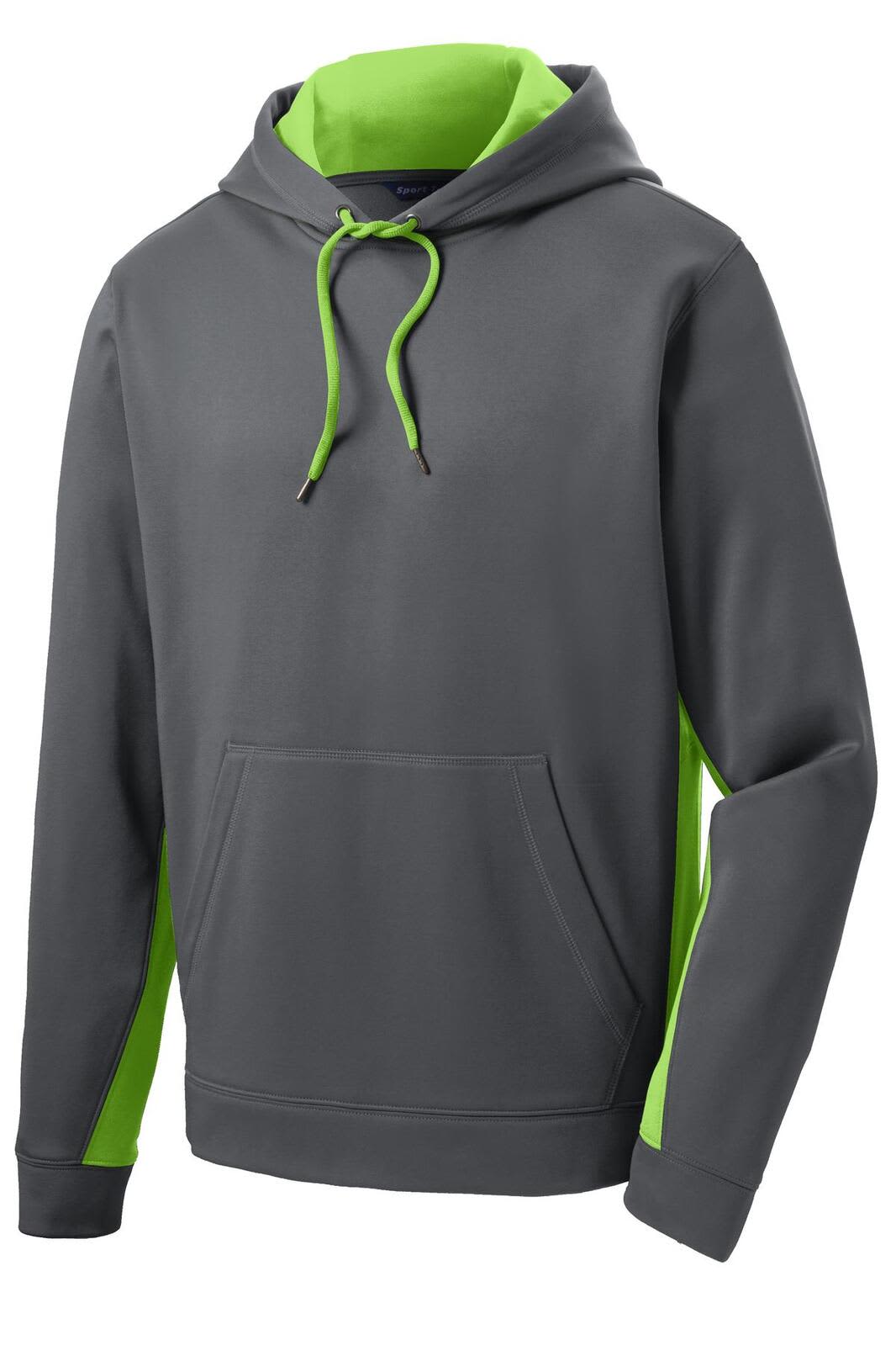 A grey hooded pullover with green colourblock accents and a front pocket, featuring a logo on the chest.