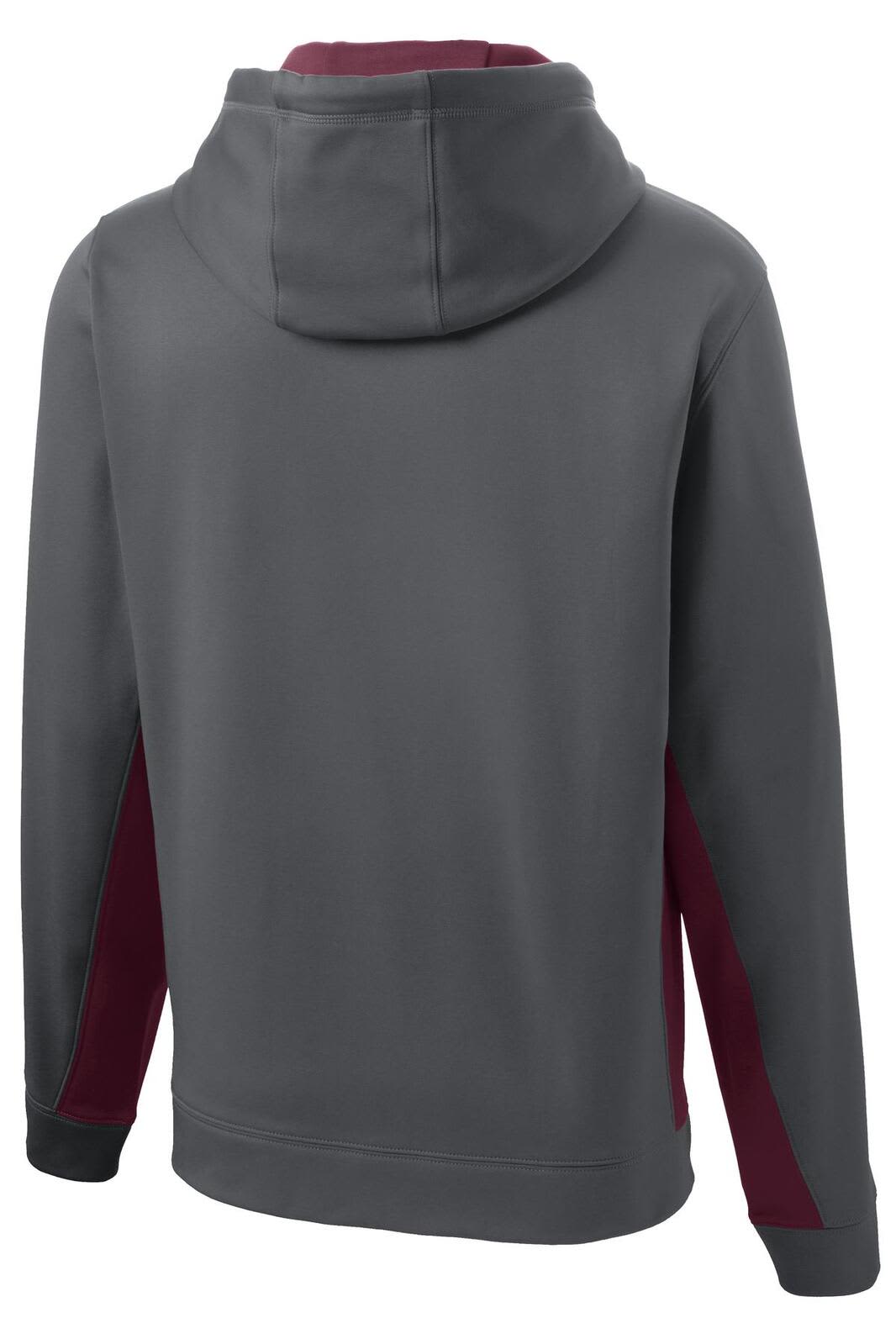 A grey and maroon hooded pullover with a colourblock design and a logo on the back.