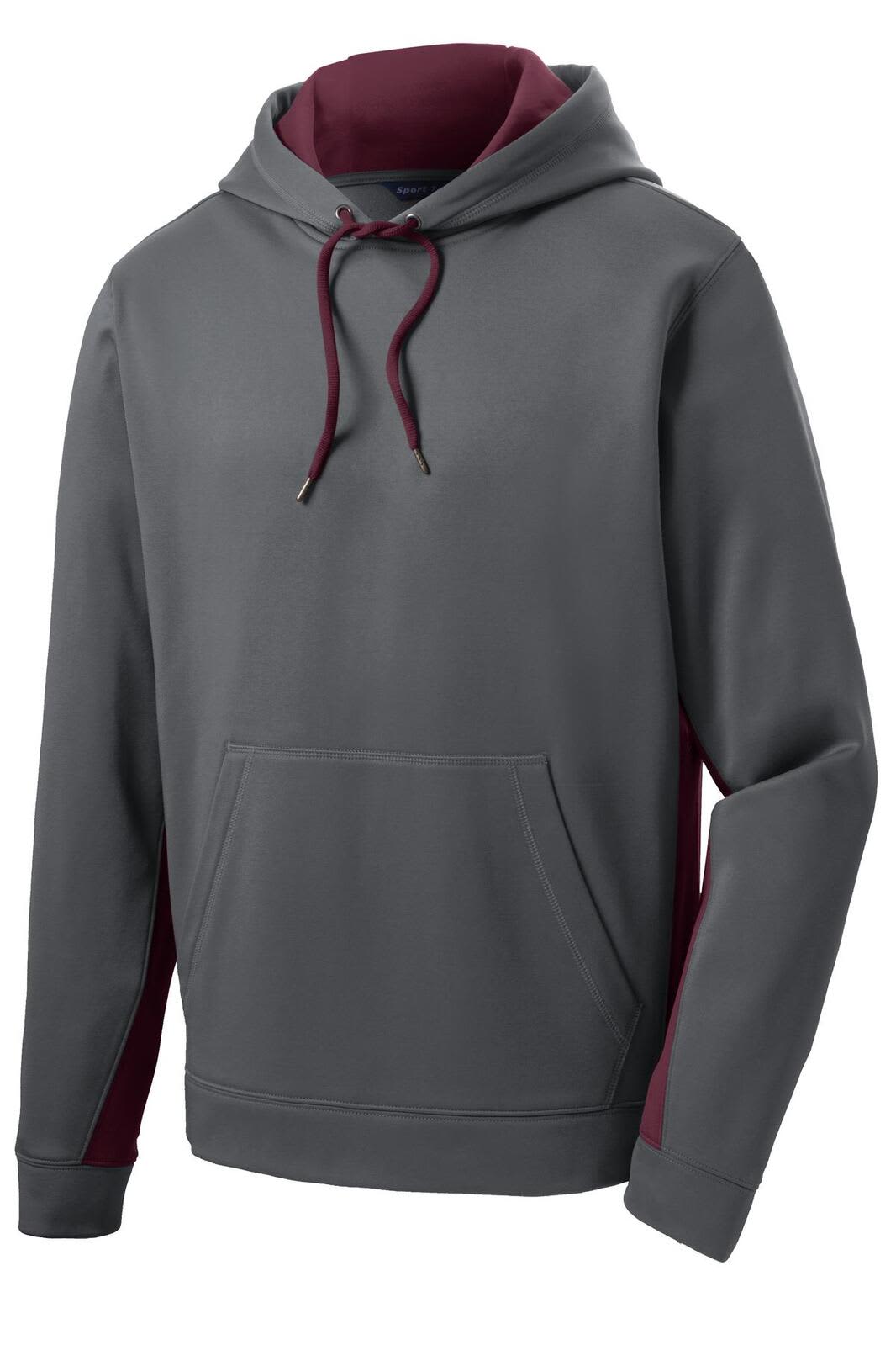 A grey and maroon hooded pullover with a front pocket and drawstring. It features a logo on the design.