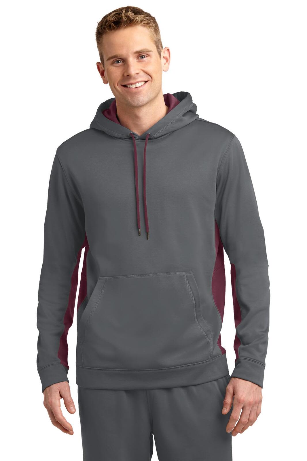 A grey and maroon hooded pullover with a front pocket and a logo. Suitable for casual wear or sports.