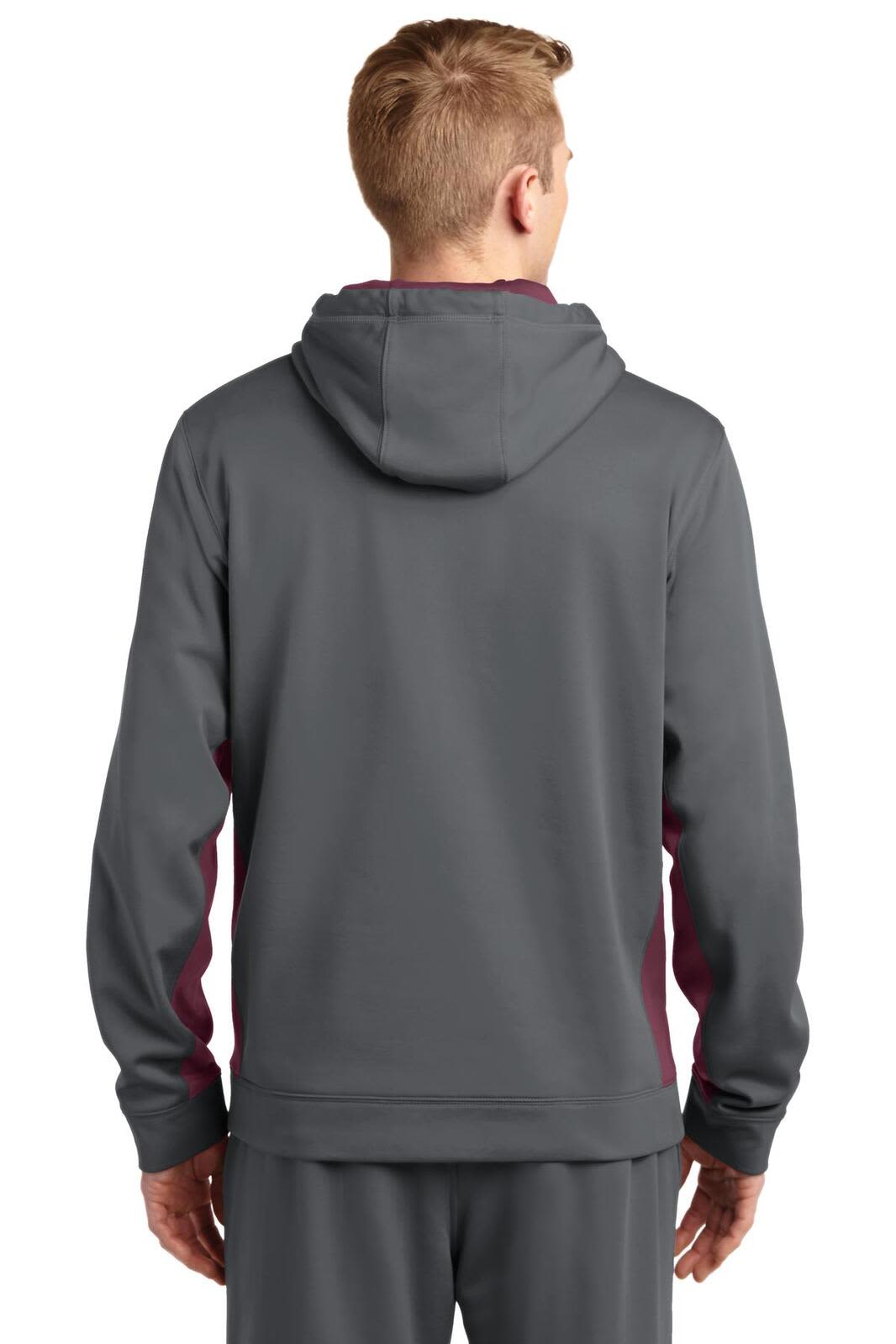 A grey hooded pullover featuring colourblock design with maroon accents and a logo on the back.
