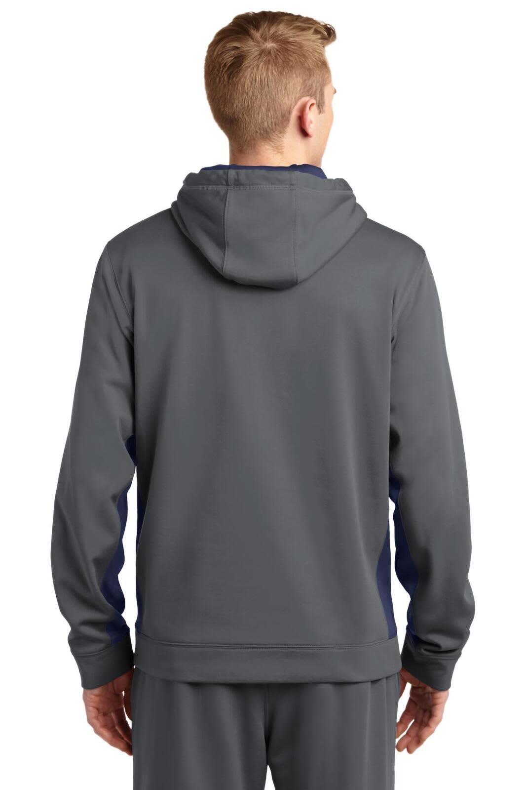 A grey hooded pullover featuring navy colourblock panels and a logo on the back.