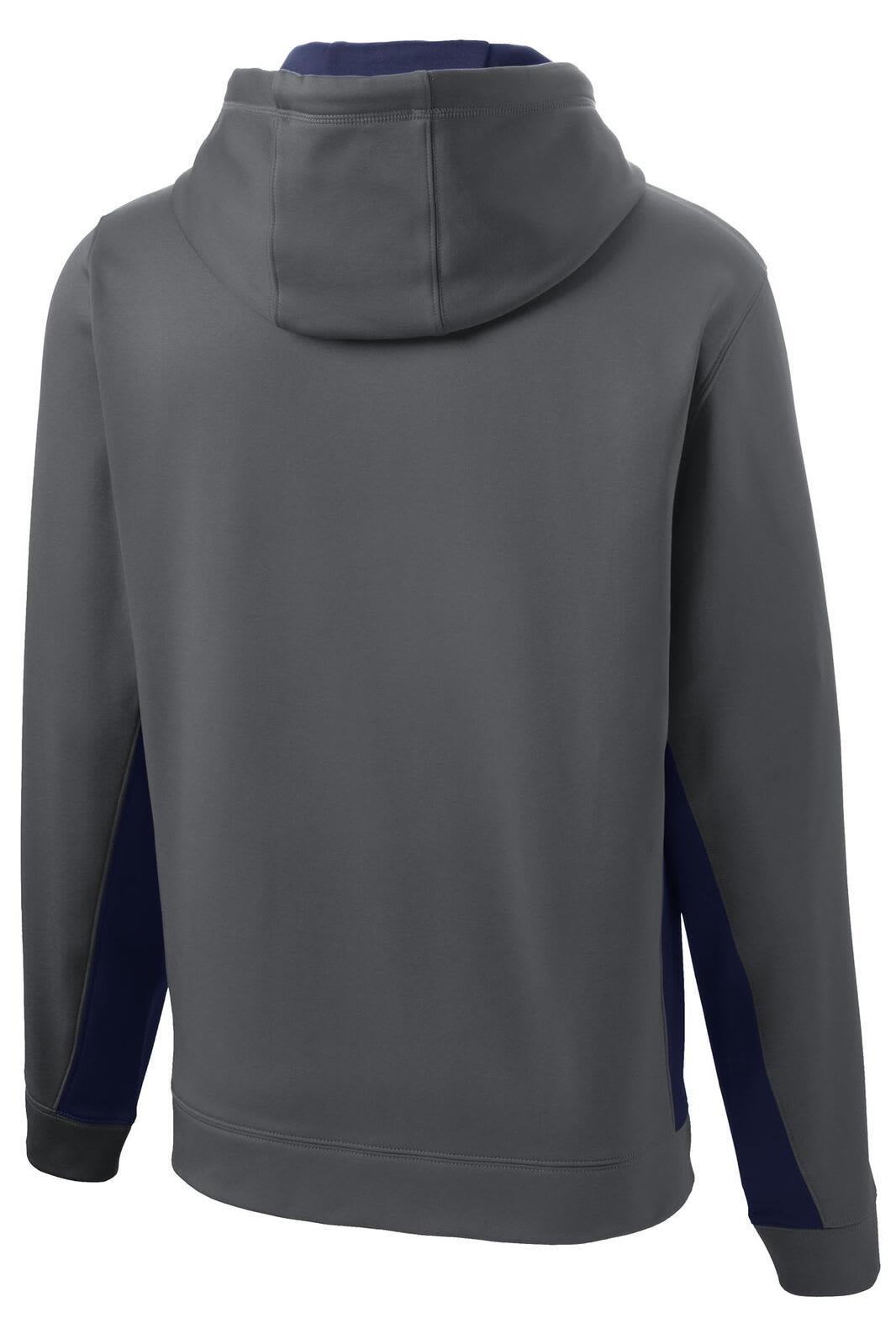 A grey and navy hooded pullover featuring a colourblock design and a hood. Includes a logo on the front.