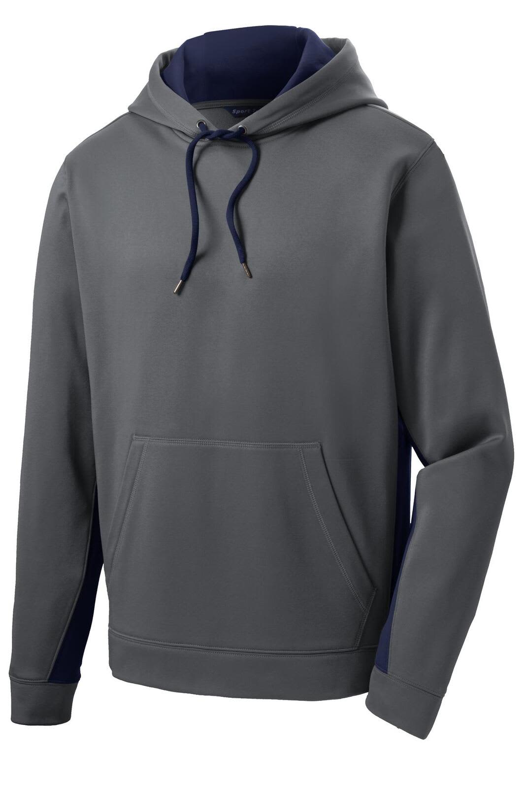 A grey hooded pullover with navy accents, featuring a front pocket and a drawstring hood. It has a logo.