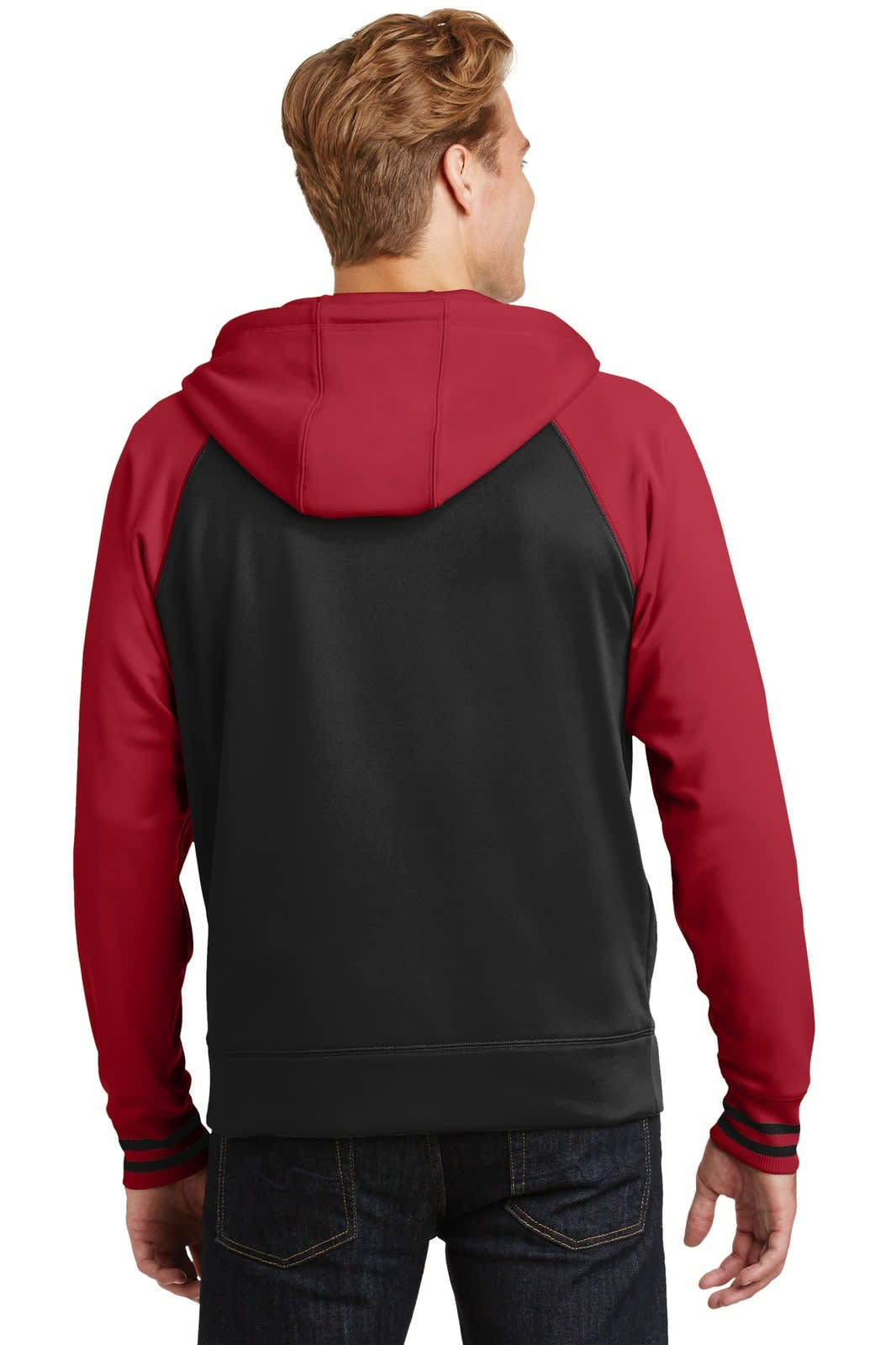 A full-zip hooded jacket in black and red, featuring a contrasting design and a logo.