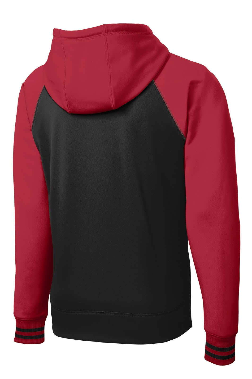 A sporty varsity fleece full-zip hooded jacket featuring red and black colours with a hood and raglan sleeves.