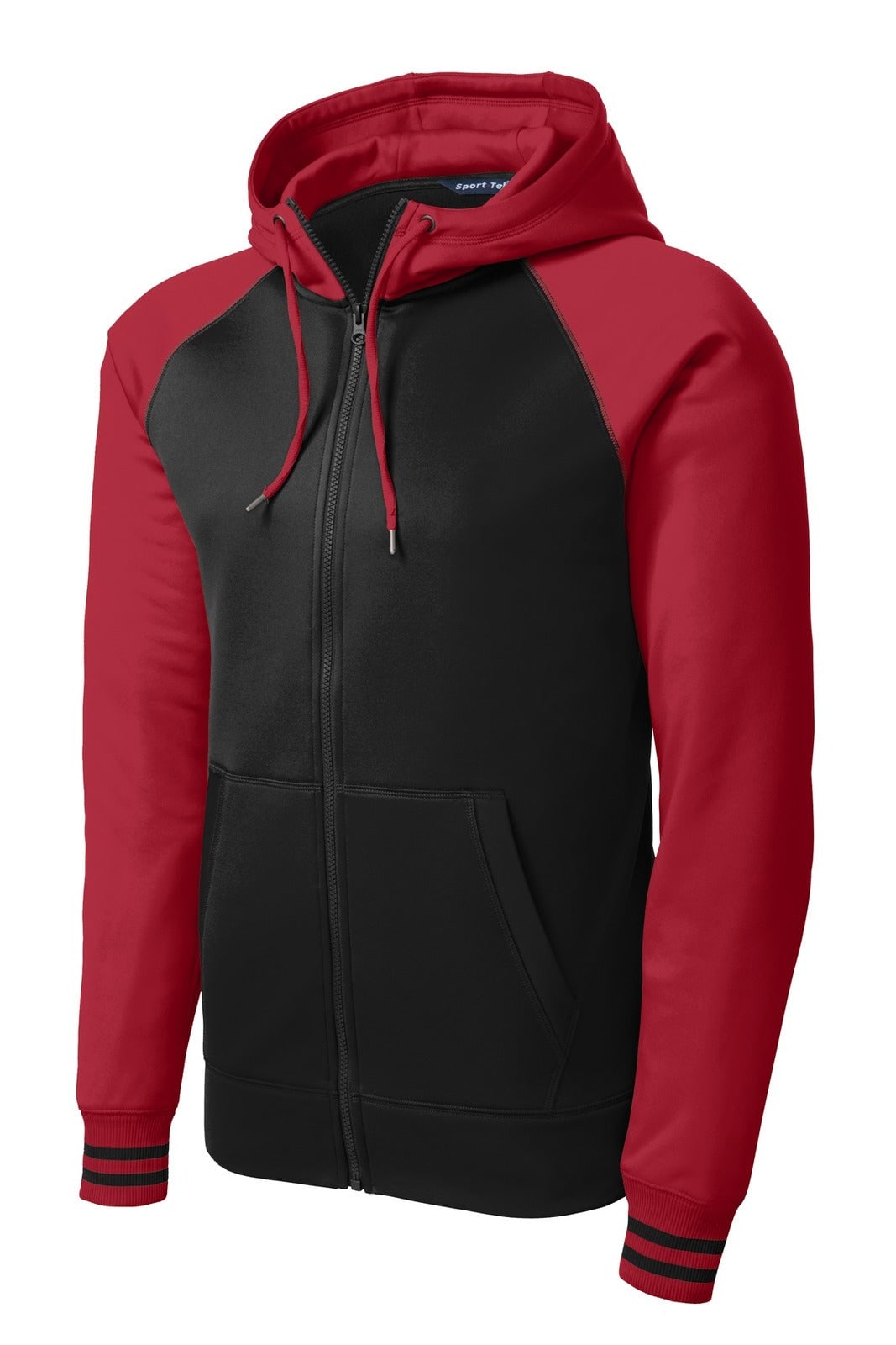 A full-zip hooded jacket in black and red with a logo, featuring a fleece design and kangaroo pockets.