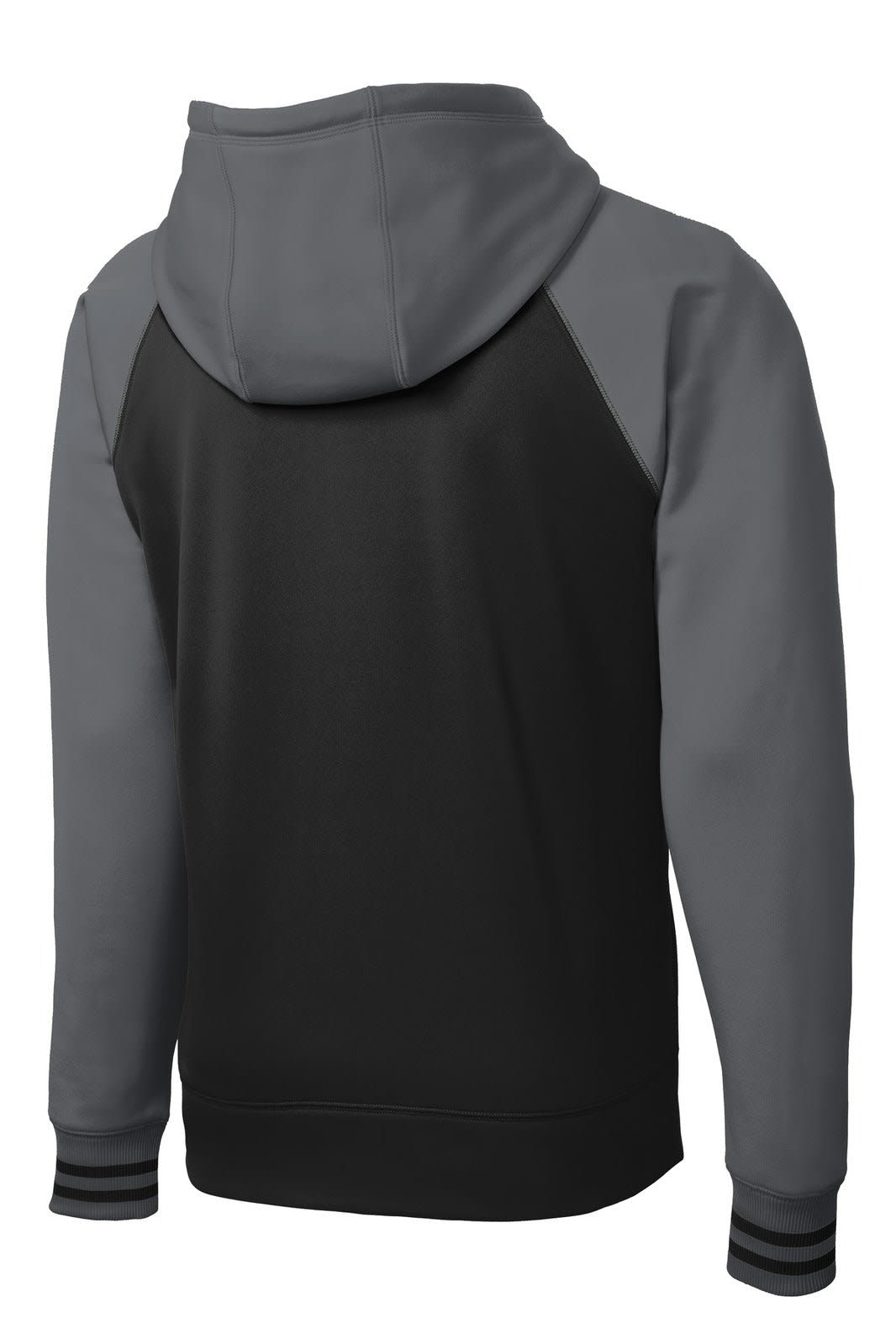 A Sport-Tek Varsity fleece full-zip hooded jacket featuring a grey and black design, with a hood and raglan sleeves.