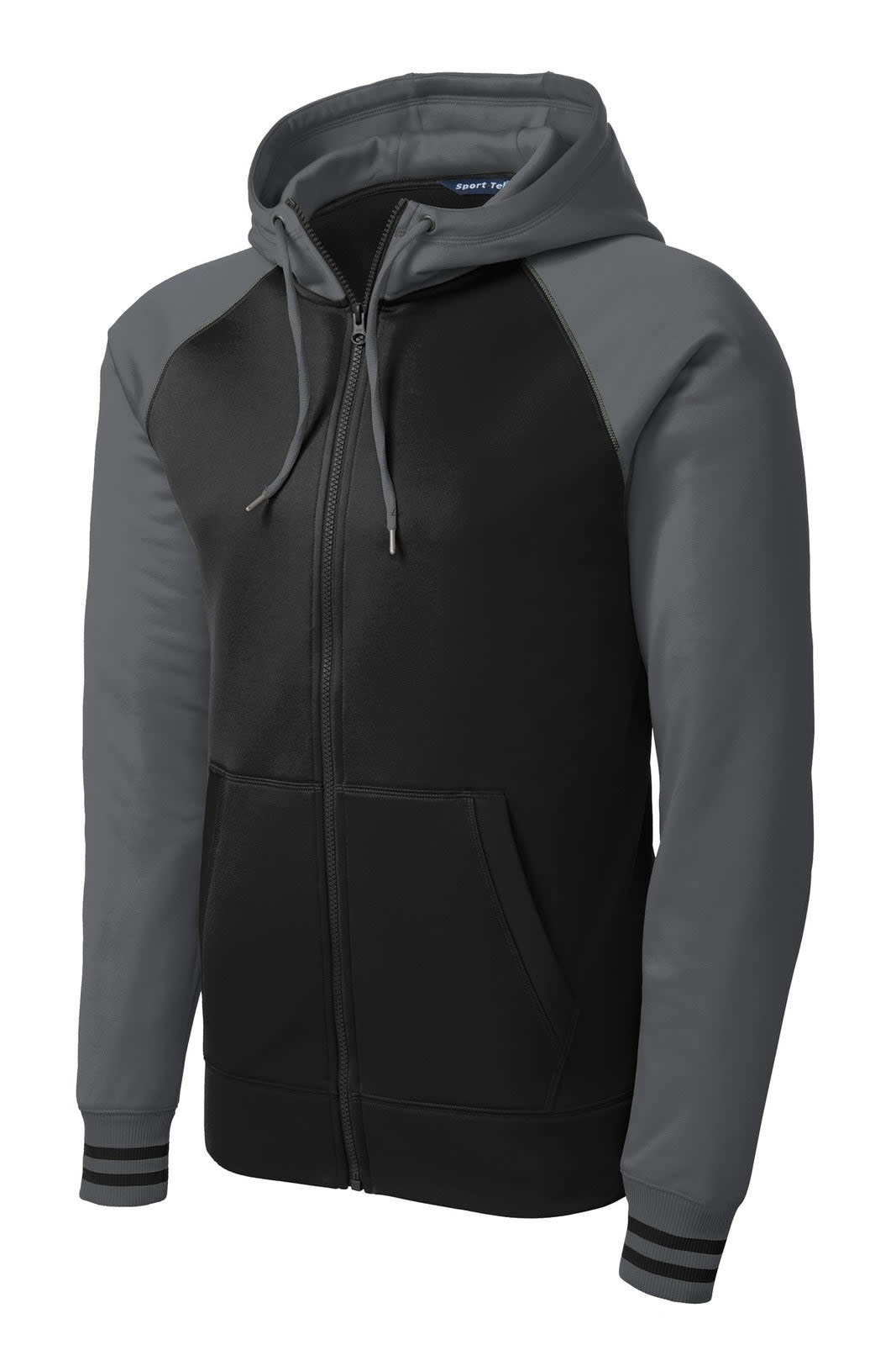 A full-zip hooded varsity jacket in black and grey with a logo on the front.