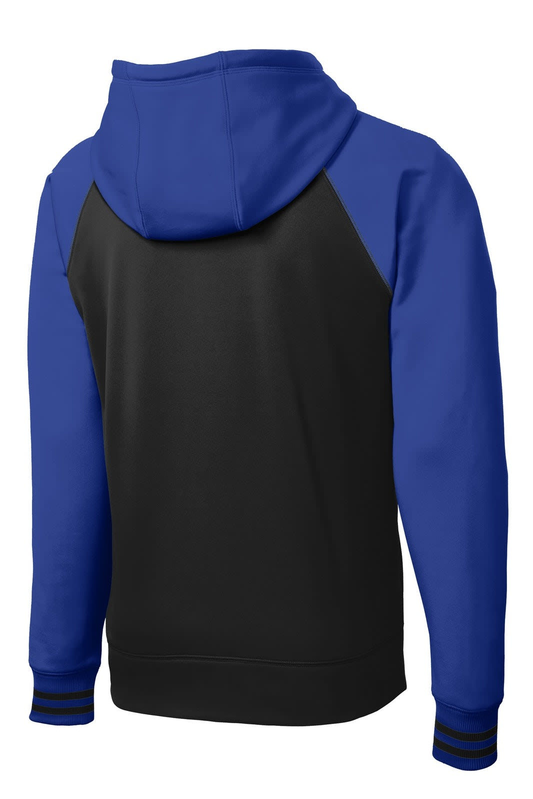A black and blue Sport-Tek Sport-Wick Varsity Fleece Full-Zip Hooded Jacket with a hood and raglan sleeves.