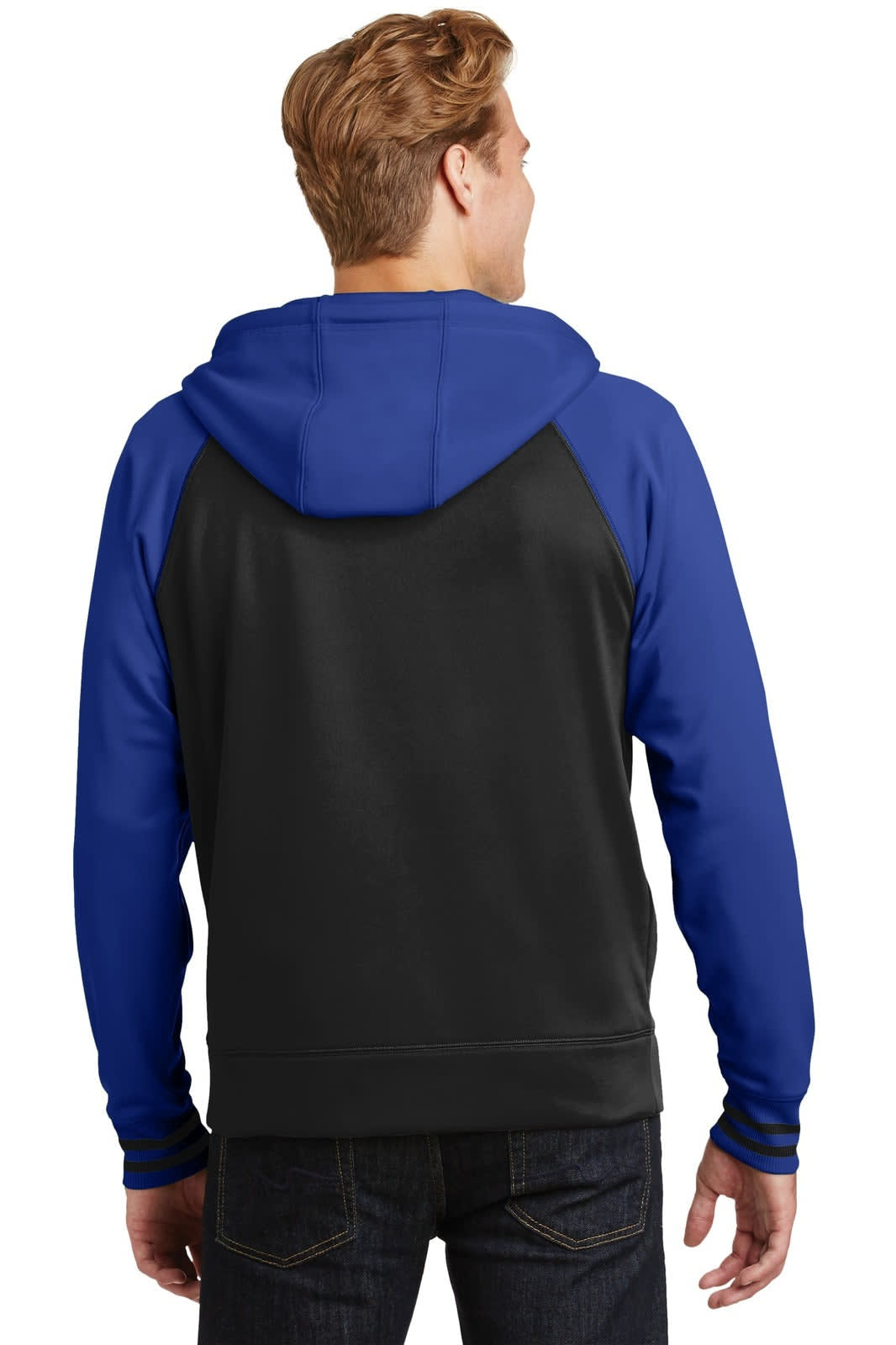 A full-zip hooded jacket in blue and black, featuring a logo on the back.