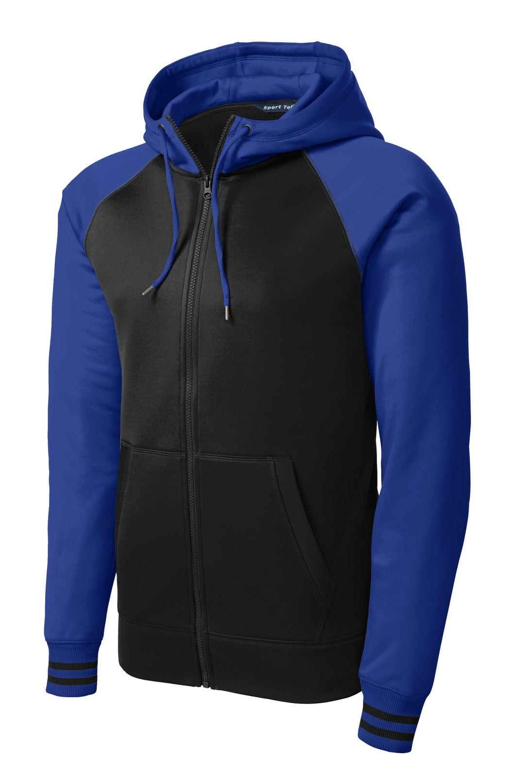 A black and royal blue Sport-Tek Sport-Wick varsity fleece full-zip hooded jacket with a logo on the front.