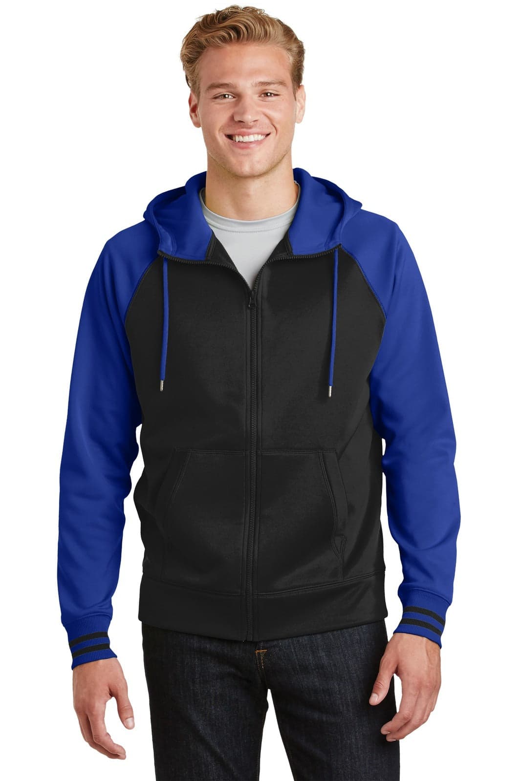 A full-zip hooded jacket in black and blue with a branded logo, featuring a relaxed fit and adjustable hood.