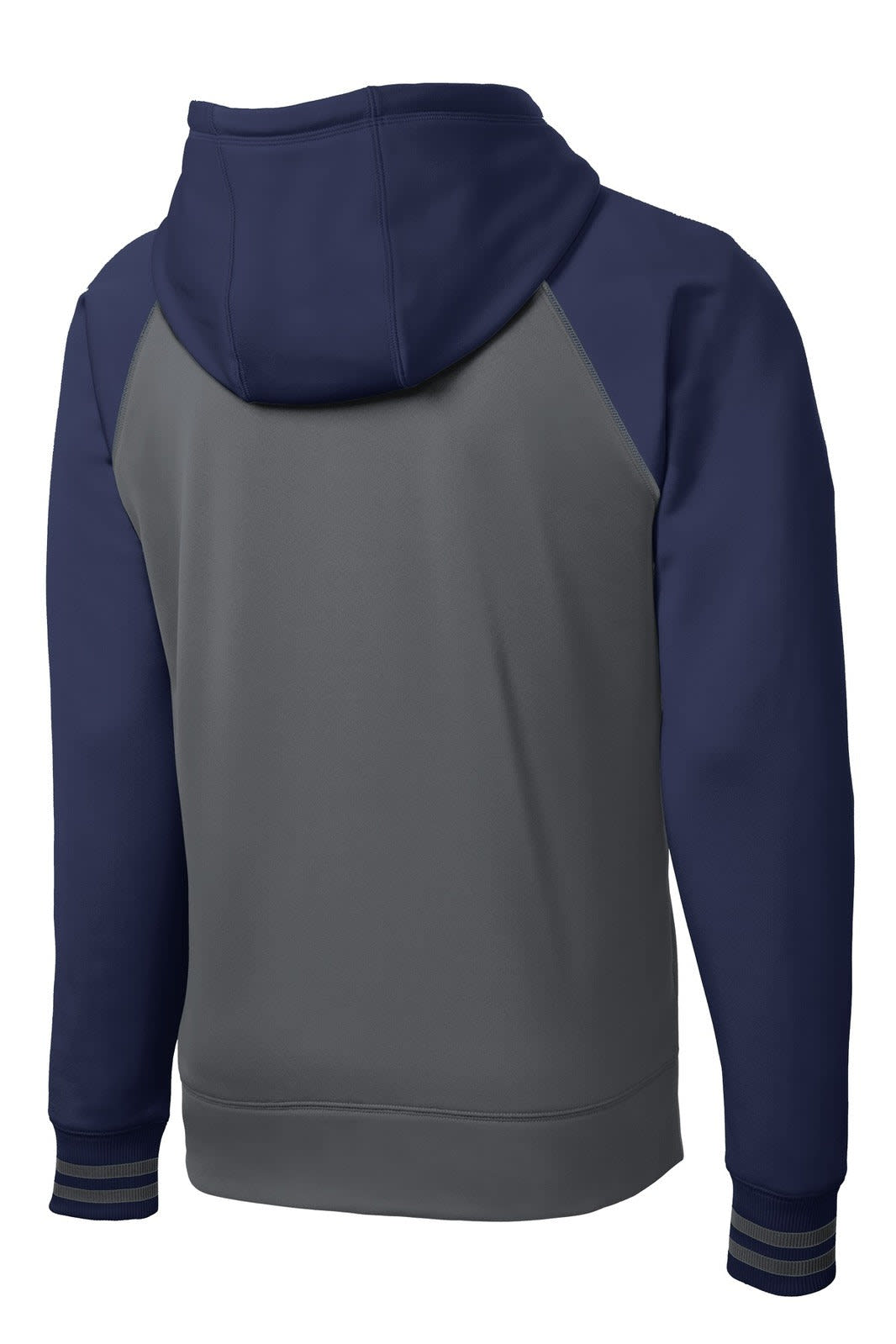 A grey and navy full-zip hooded jacket with a logo, featuring raglan sleeves and a hood.
