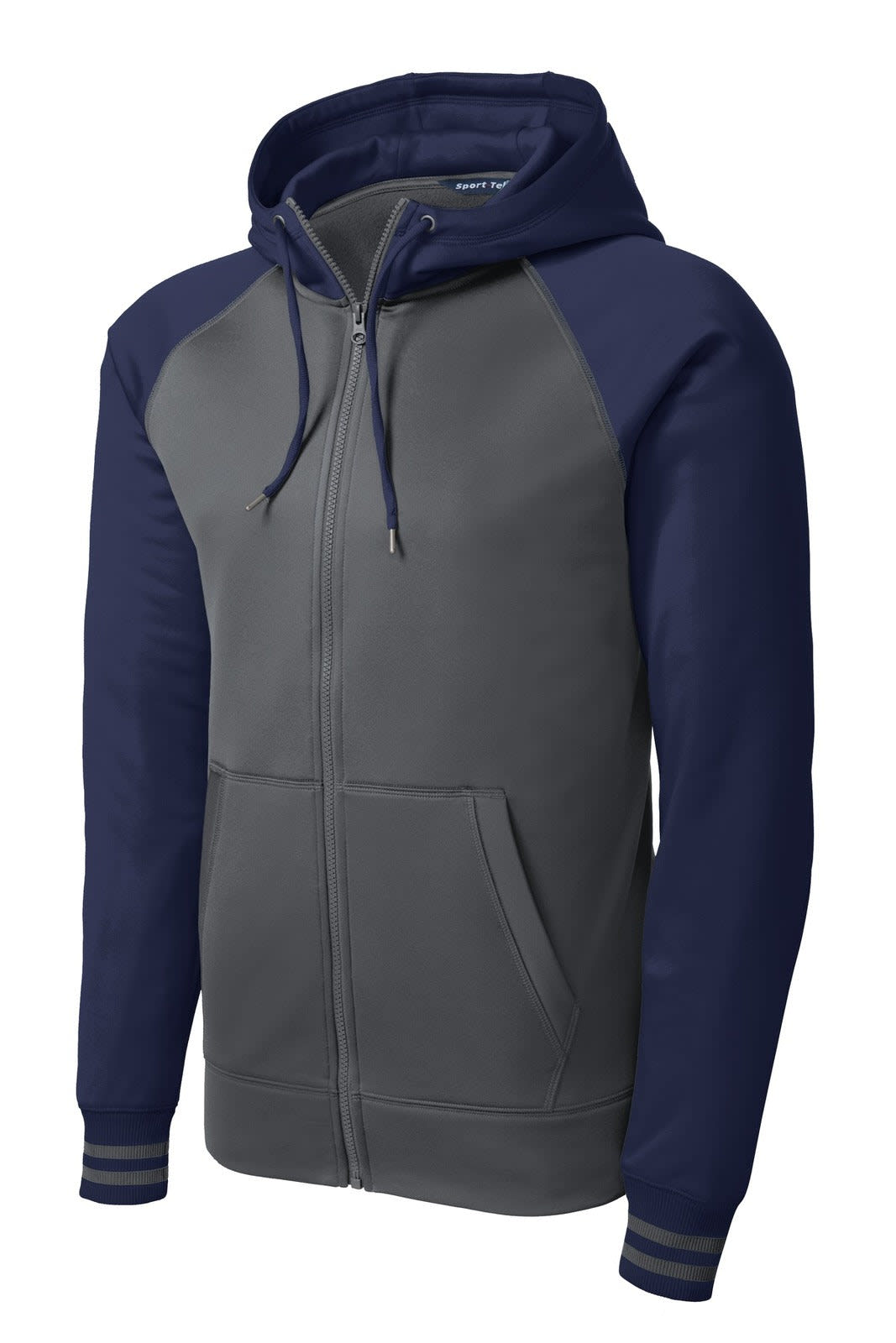 A full-zip hooded jacket featuring grey body and navy sleeves, with a front pocket and a logo on the chest.