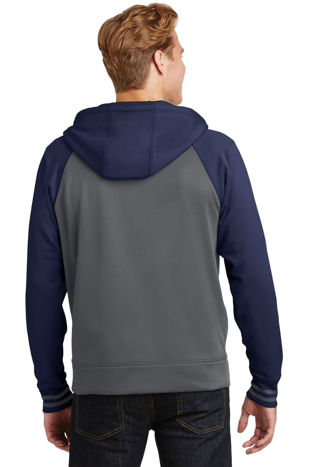 A hooded jacket in grey and navy, featuring a full zip and a logo, viewed from the back.