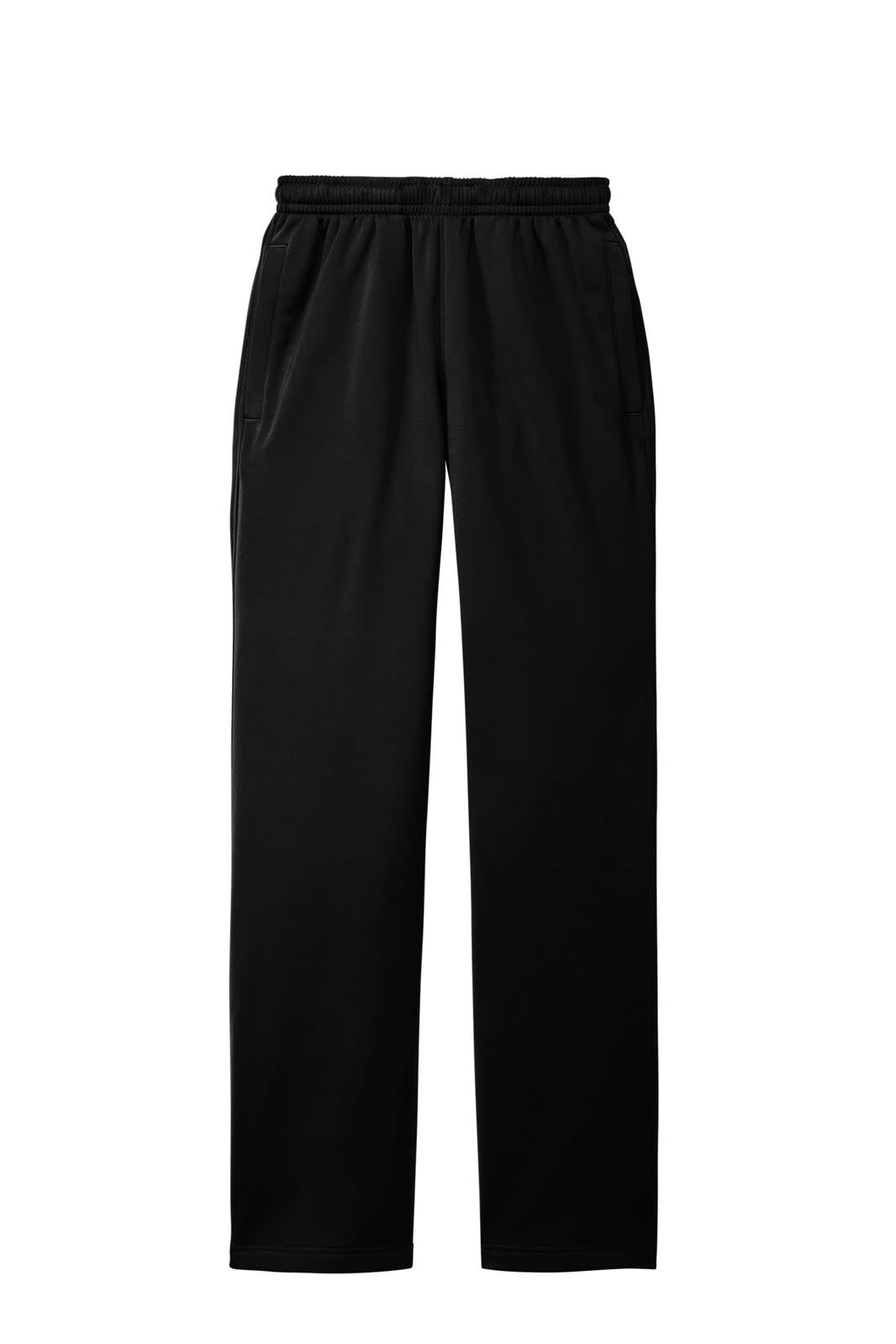 Black Sport-Tek Sport-Wick fleece pants with an elastic waistband and pockets, featuring a logo on one side.