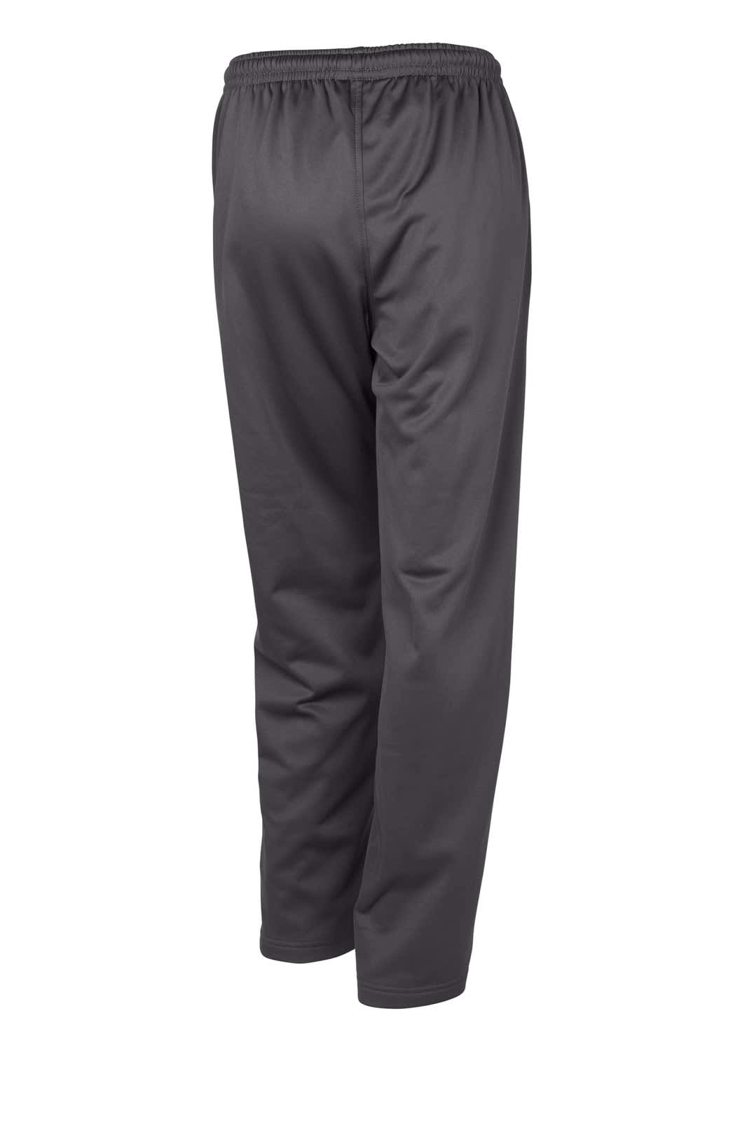 A pair of dark grey Sport-Tek Sport-Wick fleece pants with an elastic waistband, featuring branding on the side.