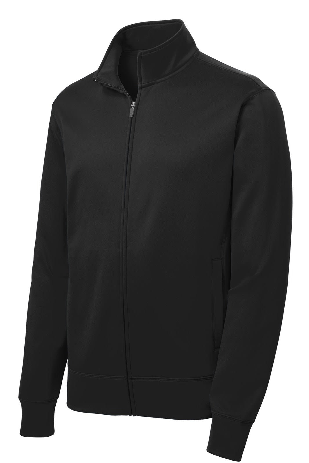 A black Sport-Tek Sport-Wick Fleece Full-Zip Jacket with a collar and front zip, featuring long sleeves.
