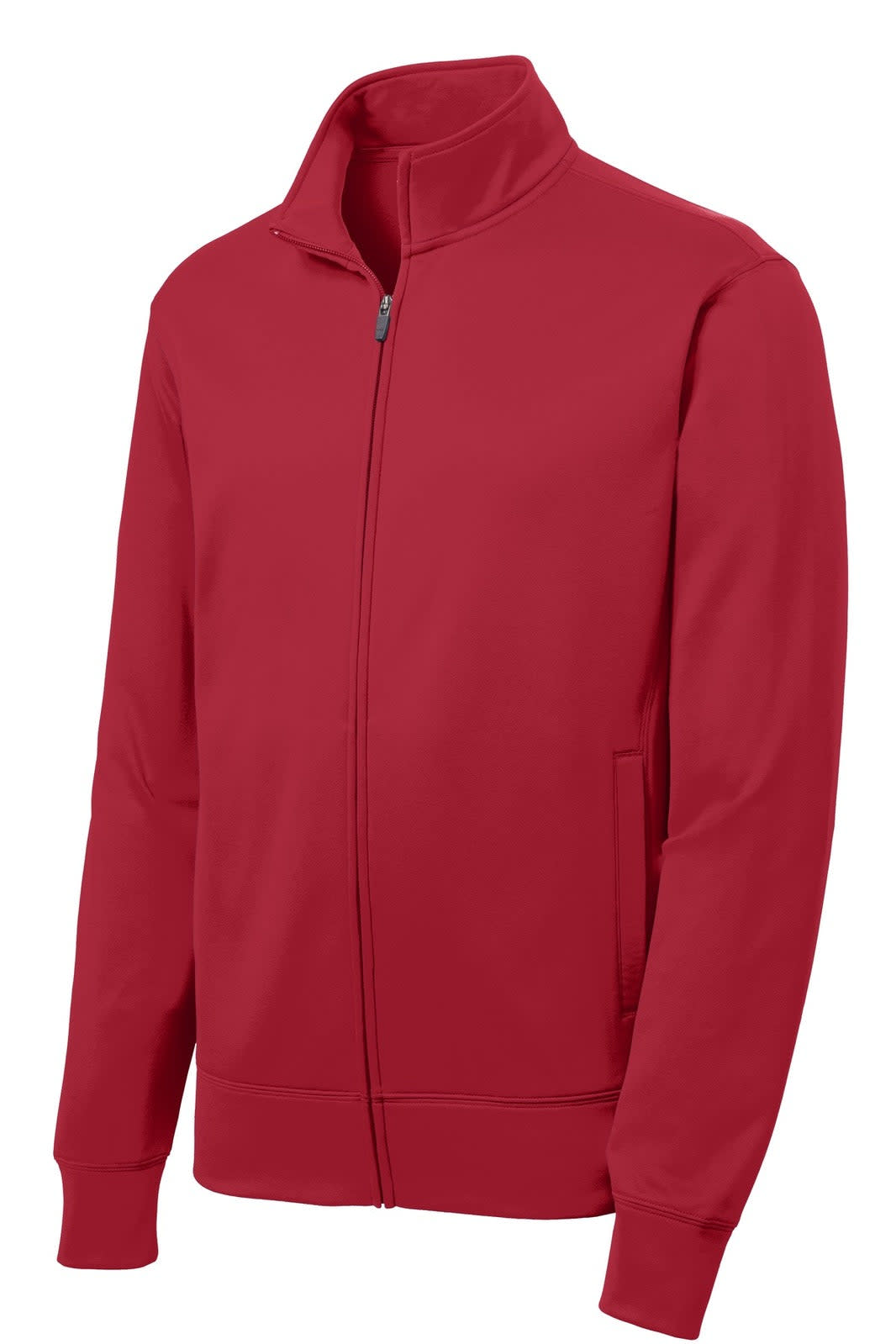 A red Sport-Tek Sport-Wick fleece full-zip jacket with a collar and pockets, featuring a logo.