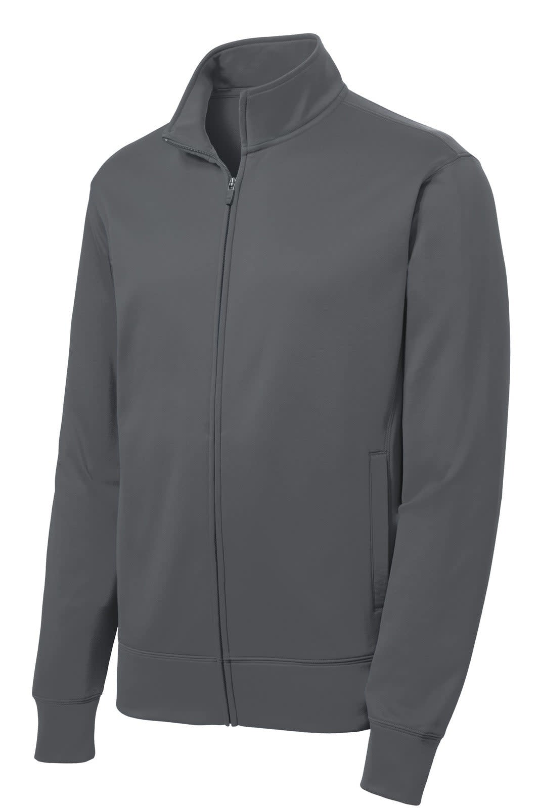 A grey Sport-Tek Sport-Wick fleece full-zip jacket with a collar and side pockets, featuring a logo.