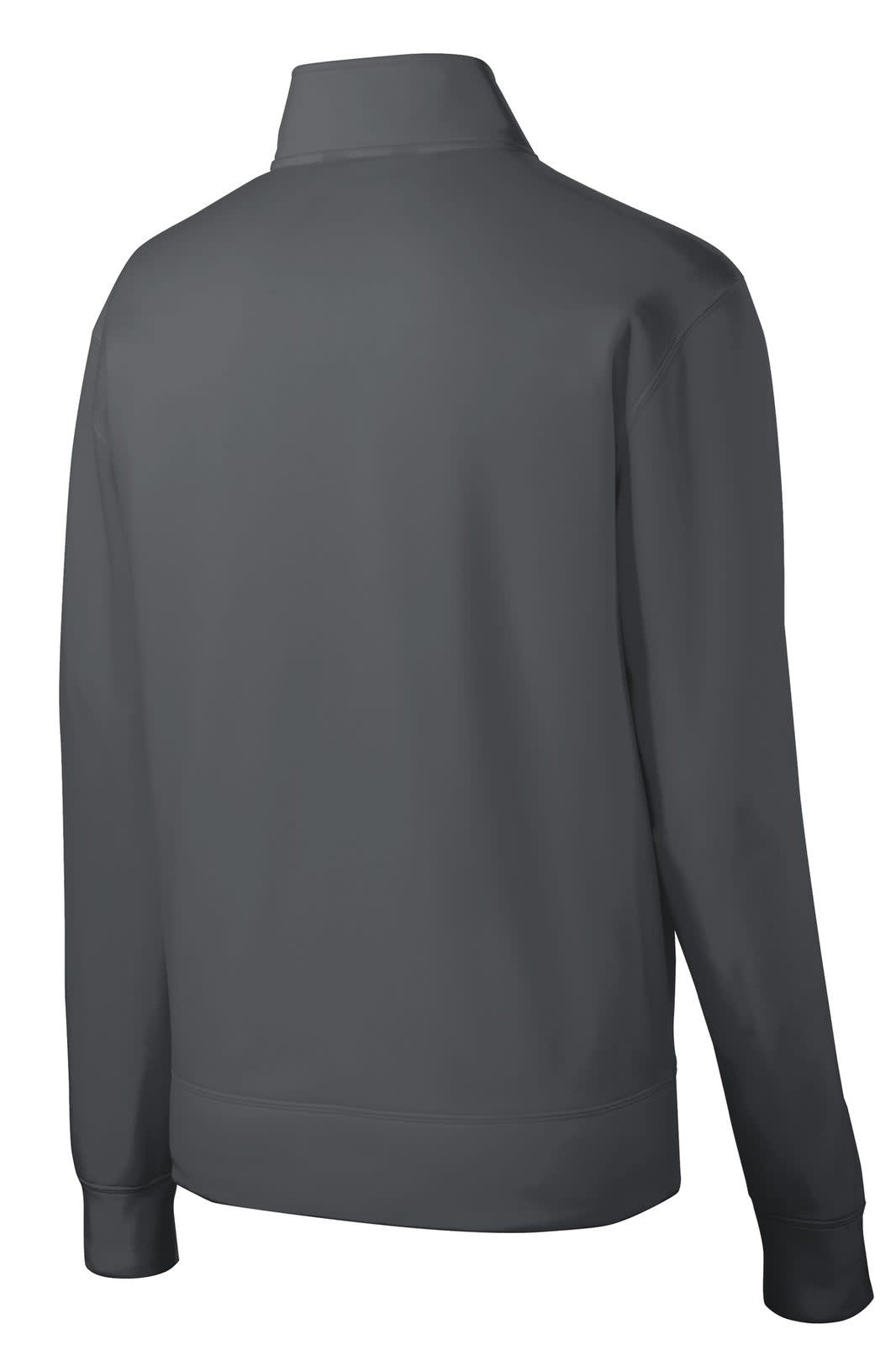 A grey Sport-Tek Sport-Wick Fleece Full-Zip Jacket featuring a back view and a collar design, with a logo on it.