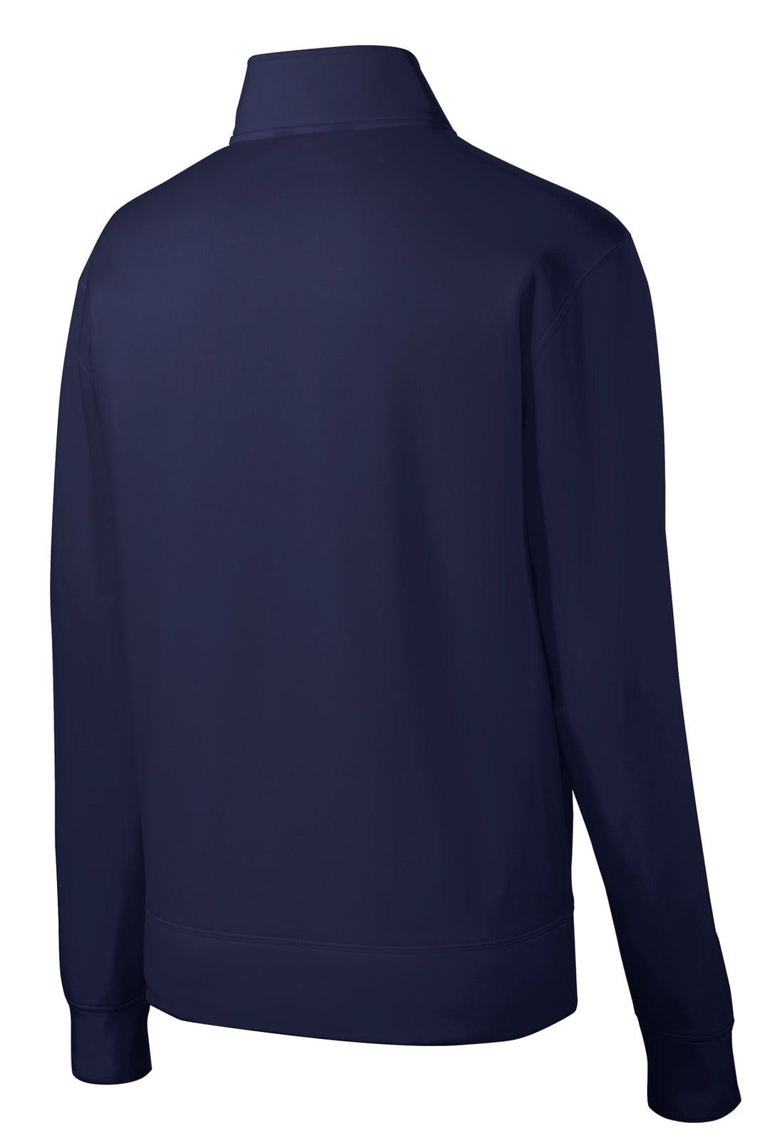 A navy blue Sport-Tek Sport-Wick Fleece Full-Zip Jacket featuring a back view and a collar design.