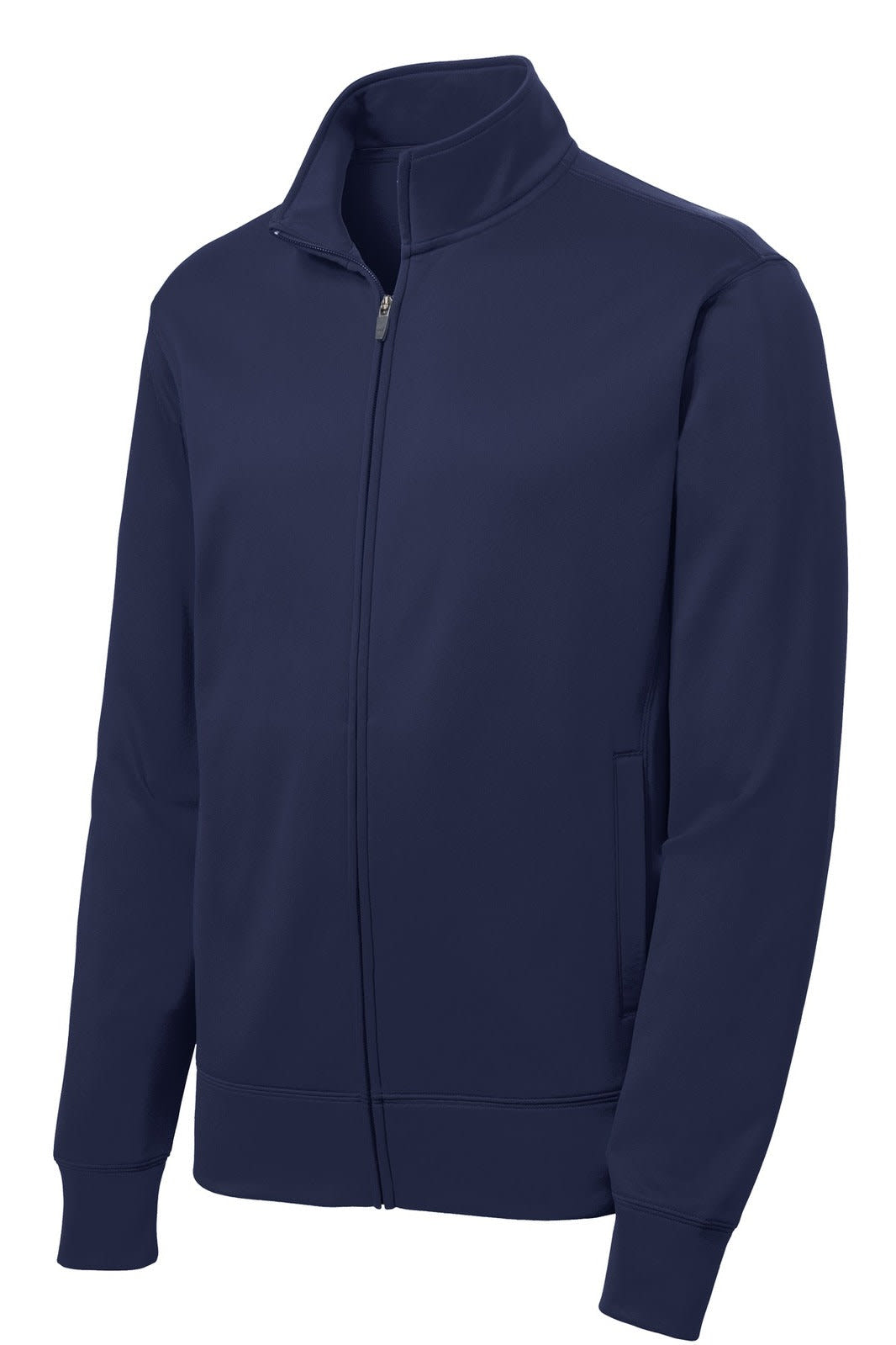 A navy full-zip fleece jacket with a collar and front pockets, featuring a branding logo.