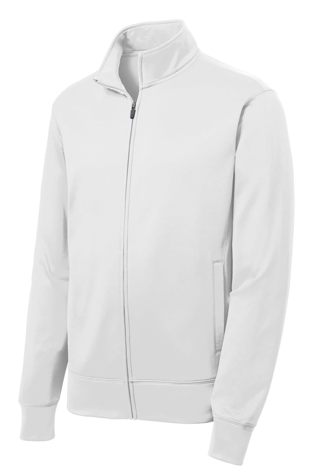 A white Sport-Tek Sport-Wick Fleece Full-Zip Jacket with two side pockets and a high collar. It features a logo on the chest.