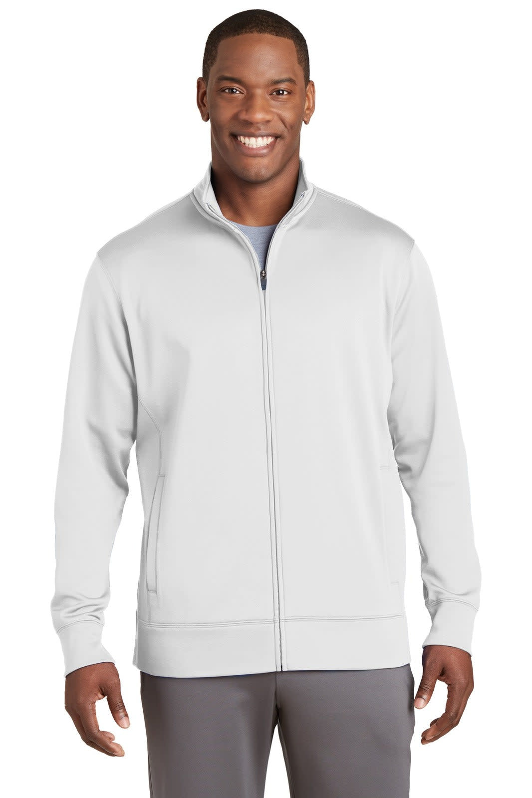 A full-zip jacket in light grey, featuring a smooth fabric and a logo on the chest.