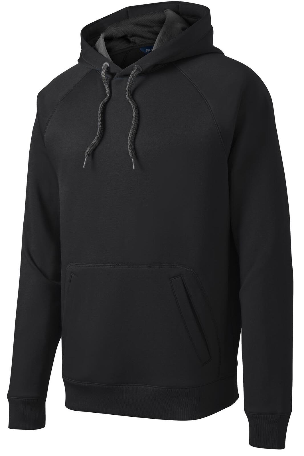 A black hooded sweatshirt with grey accents and a front pocket, featuring a logo.