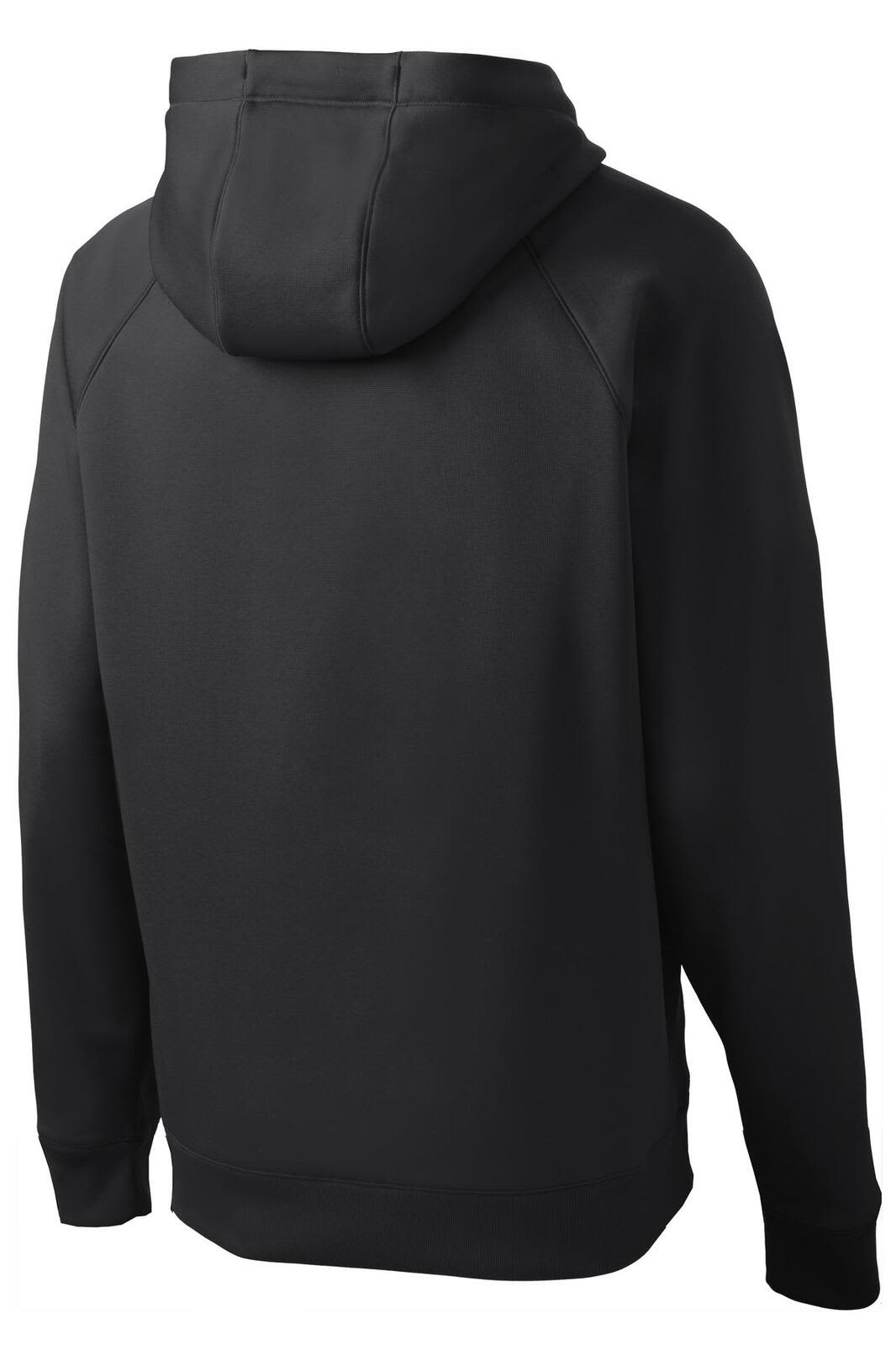 A black Sport-Tek Tech Fleece Hooded Sweatshirt featuring a clean, minimalist design and a back view showing the hood.