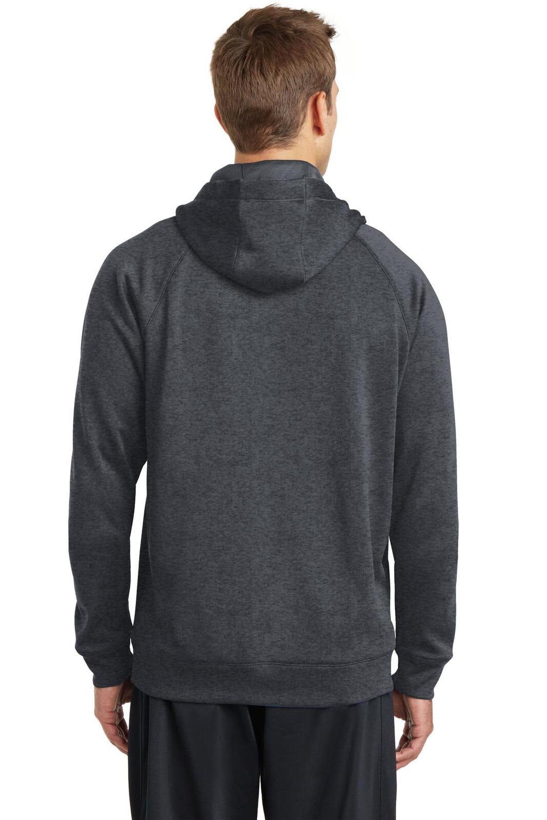 A dark grey hooded sweatshirt with a back view, featuring a logo. Suitable for casual or athletic wear.