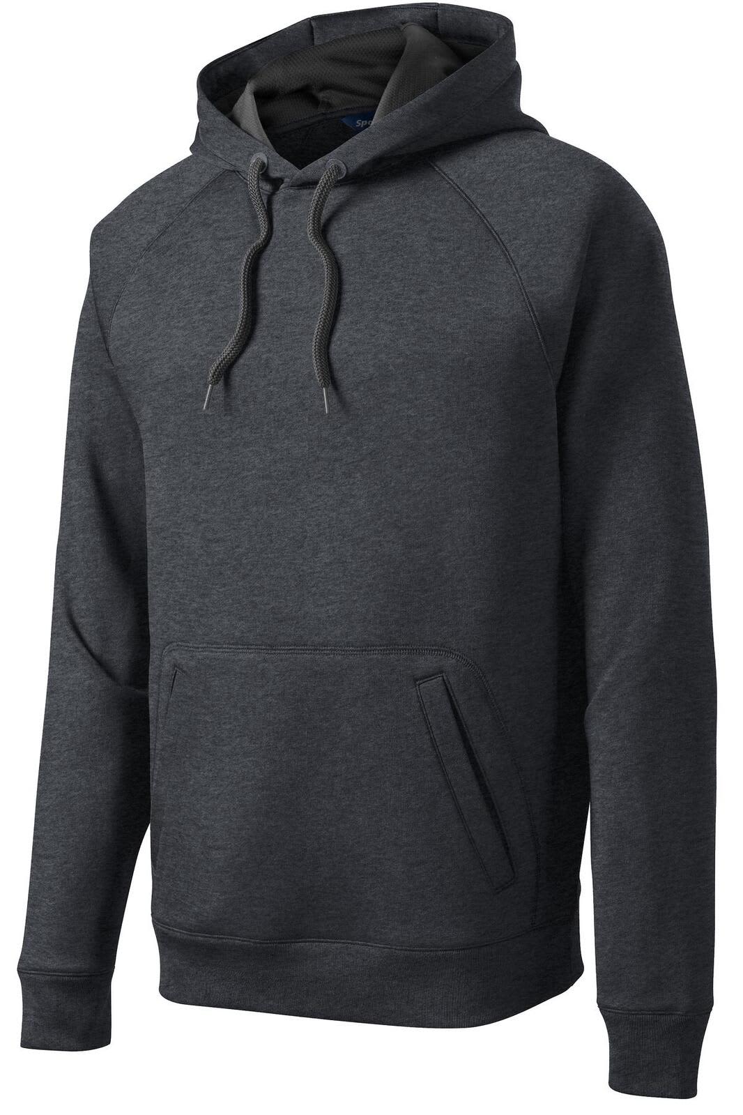 A dark grey hooded sweatshirt with a front pocket and a logo on the chest.