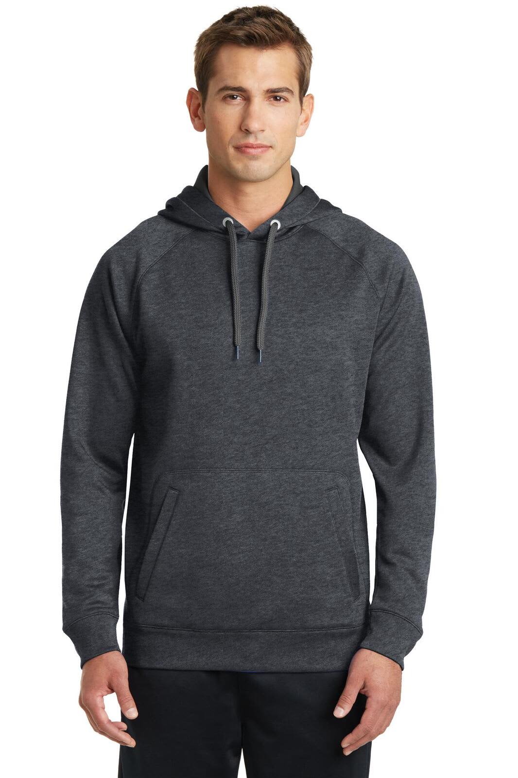 A men's dark grey hooded sweatshirt with a kangaroo pocket and a logo on the chest.