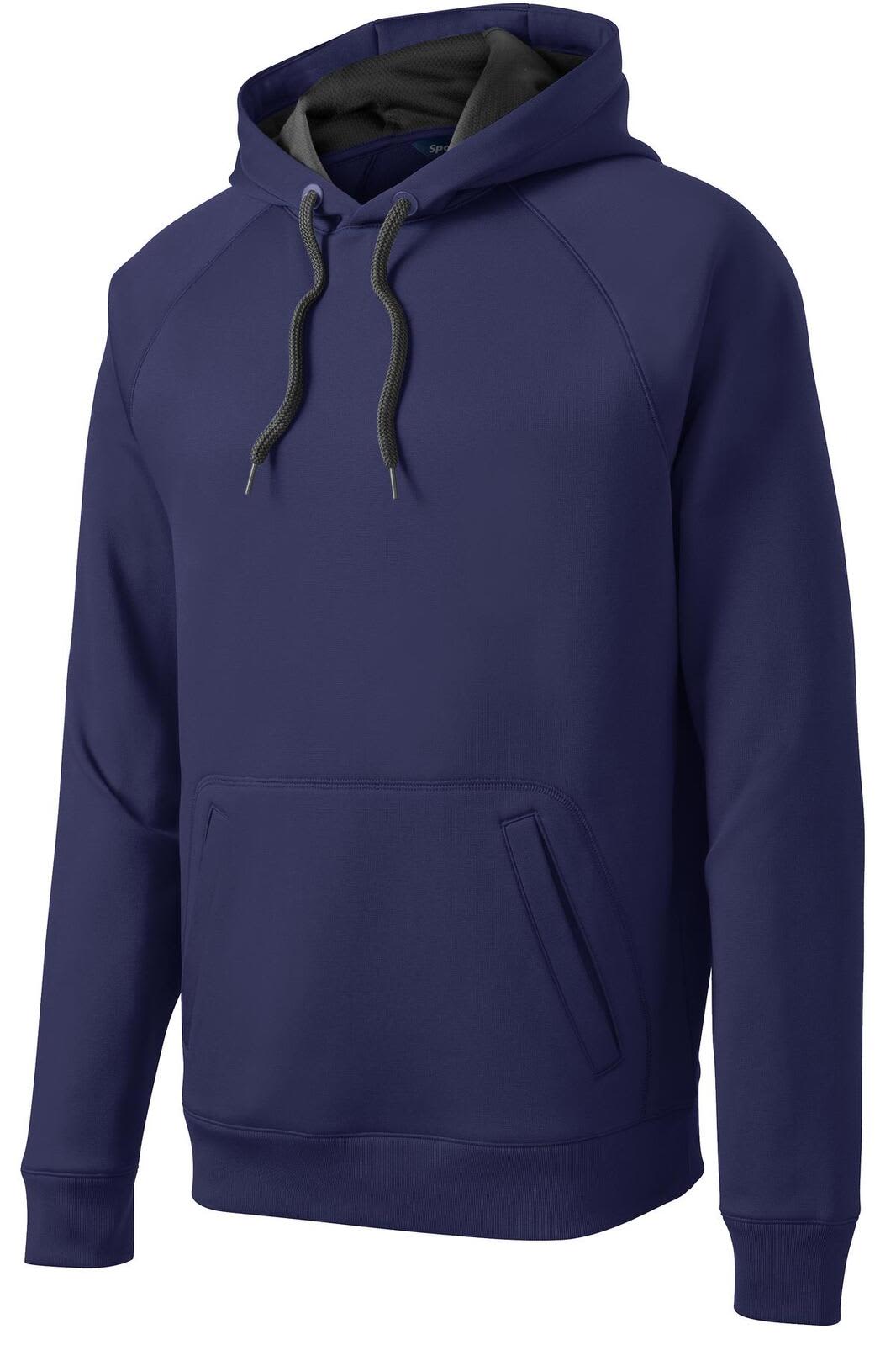 A navy blue hooded sweatshirt featuring a grey drawstring and a front pocket, with a logo on the chest.